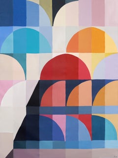 Color Wheel Eclipse, Primary Tones Geometric Skyscape, Bauhaus Arches on Canvas