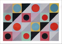 Colored Geometric Amphora, Constructivist Patchwork Primary Tones Circles Grid