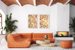 Colorful Contours Over Ivory, Red and Yellow Brushstrokes Large Diptych on Paper