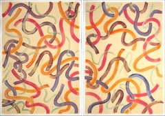 Colorful Contours Over Ivory, Red and Yellow Brushstrokes Large Diptych on Paper