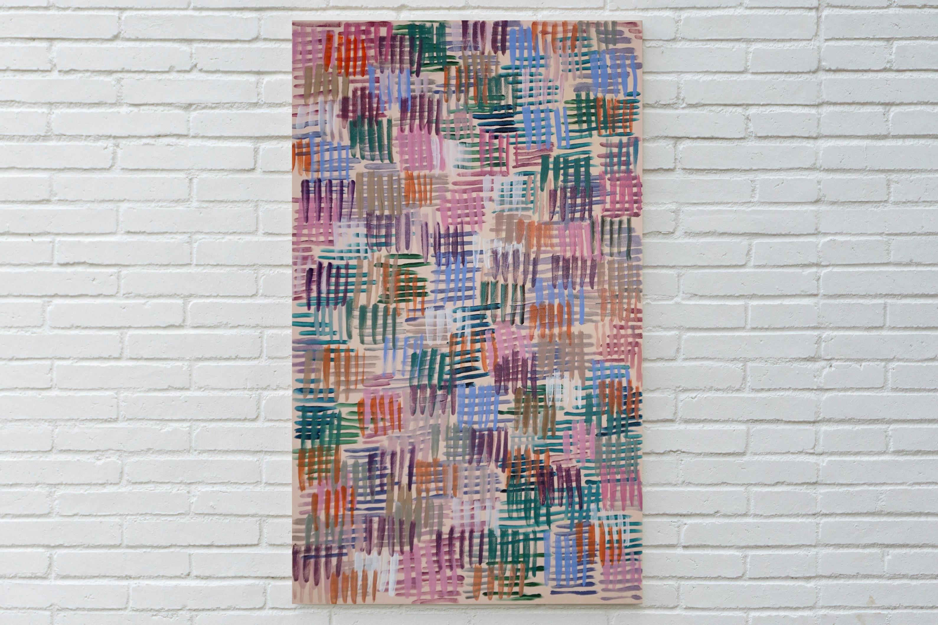 Colorful Line Patterns on Pink, Abstract Painting on Canvas, Pastel Palette 1