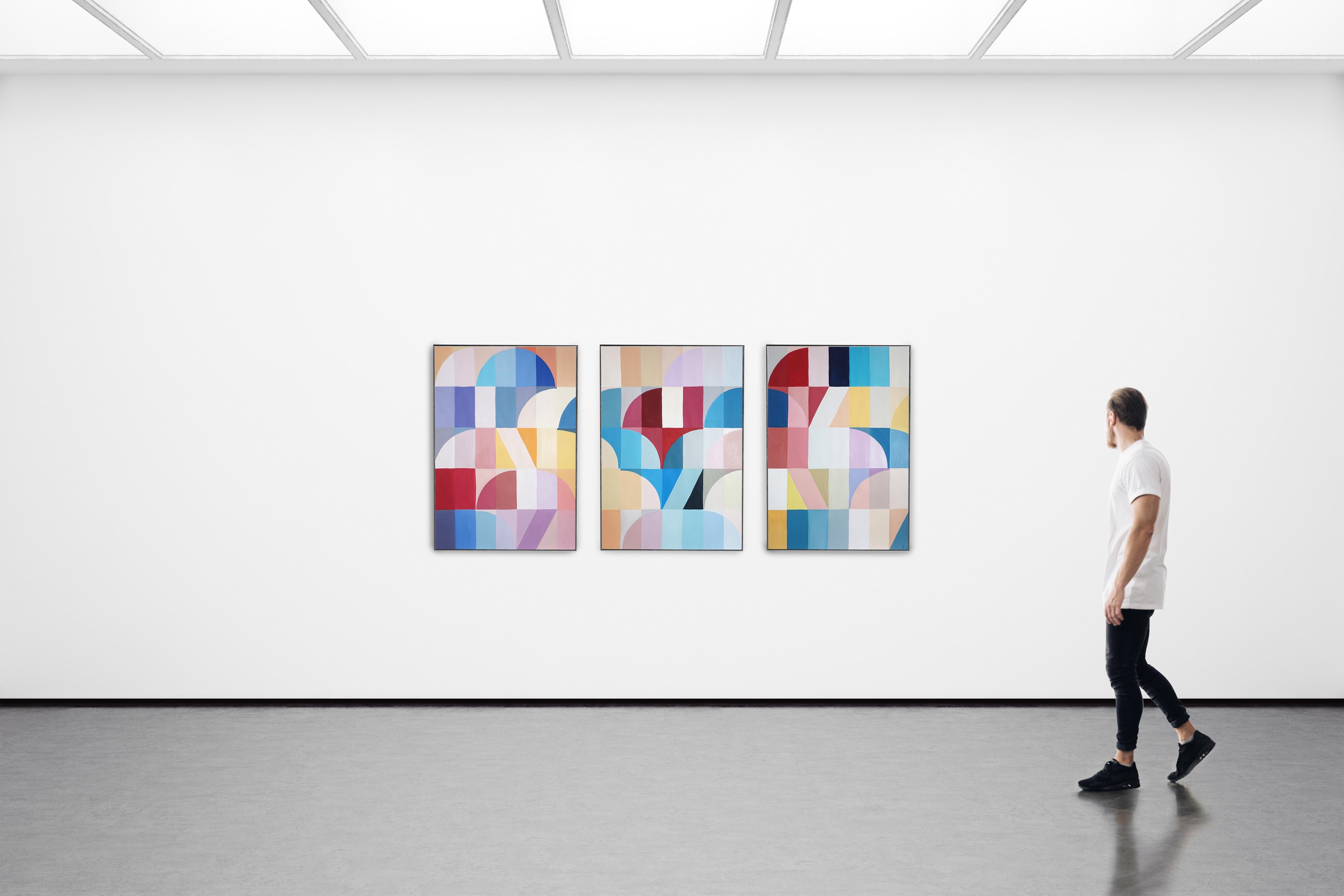 Échelles et tiges colorées, triptyque géométrique abstrait, inspiré du Bauhaus - Contemporain Painting par Natalia Roman