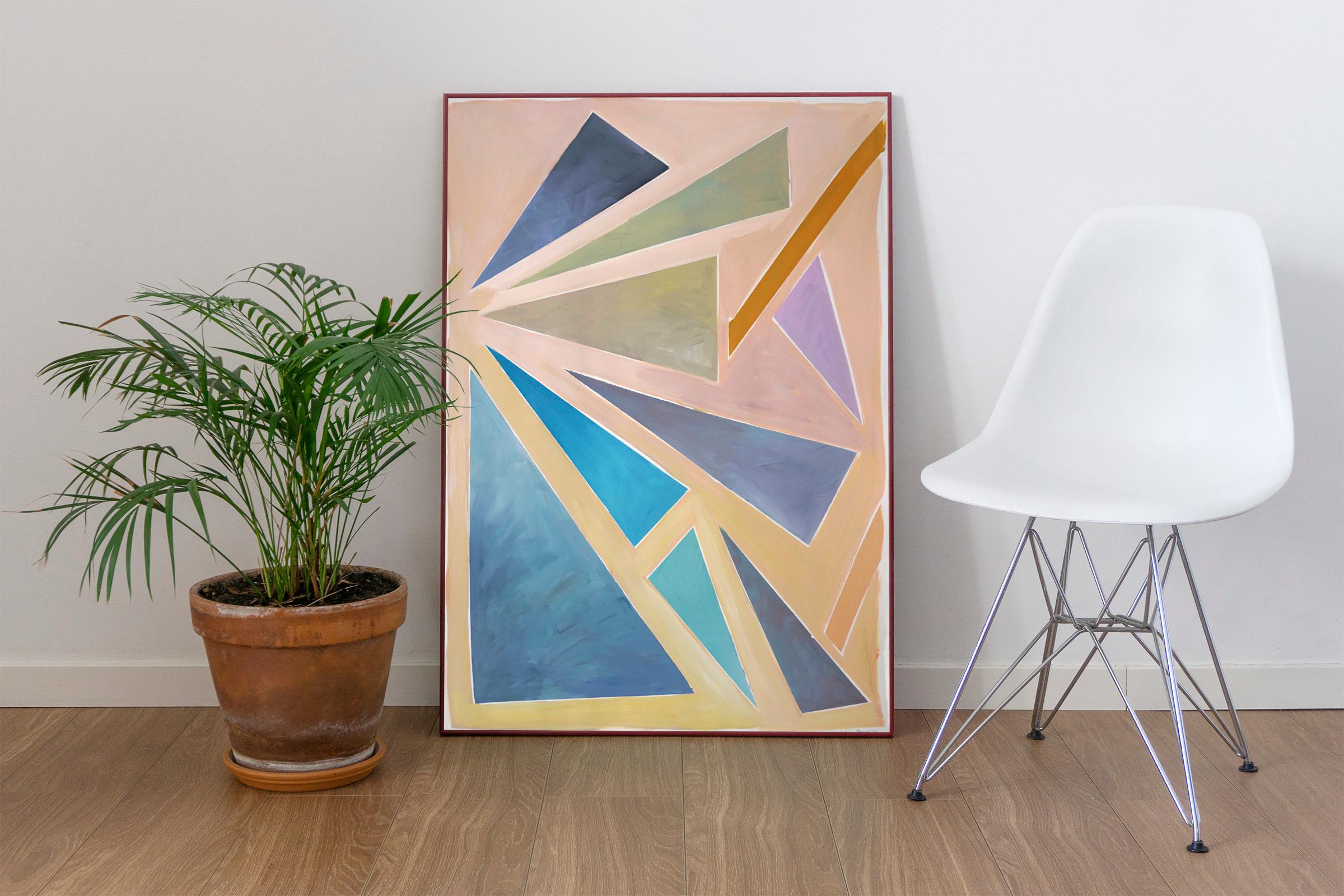 Constructivist Sunset Triangles, Pastel Tones Background, Geometry Floating - Painting by Natalia Roman