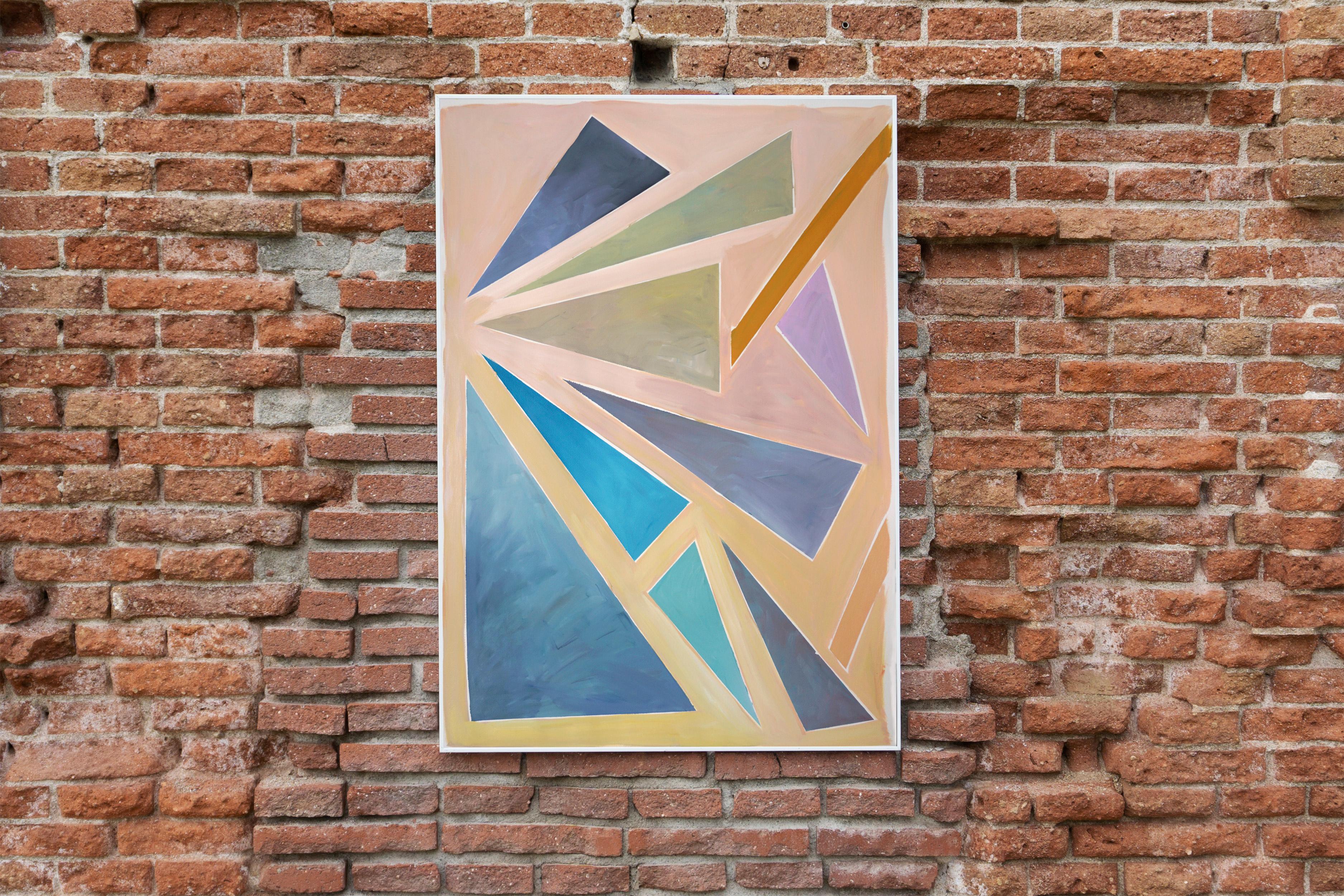 Constructivist Sunset Triangles, Pastel Tones Background, Geometry Floating - Beige Abstract Painting by Natalia Roman