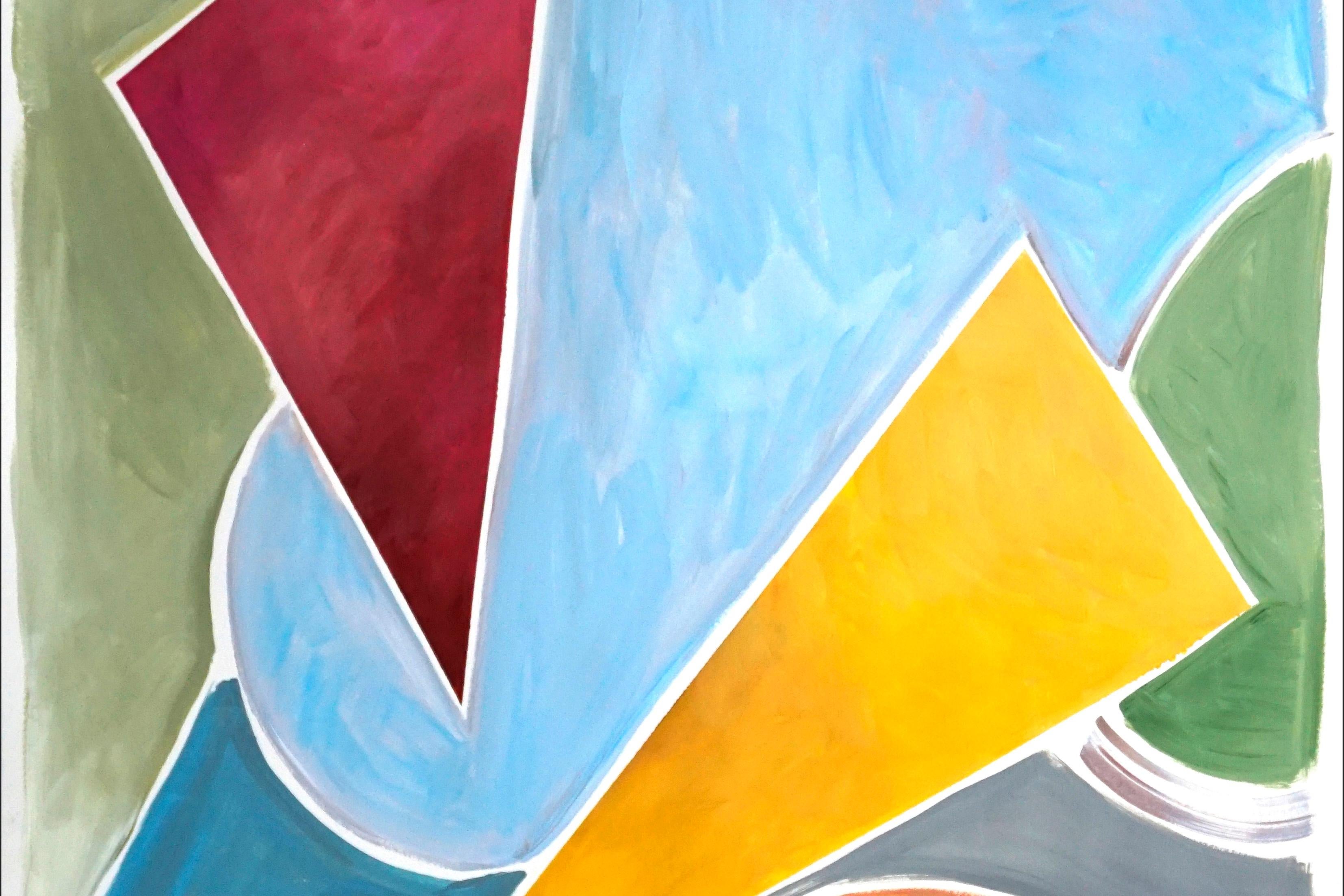 Konstruktivistische Dreiecke in Primärfarben, abstrakte geometrische Formen Rot, Gelb (Grau), Abstract Painting, von Natalia Roman