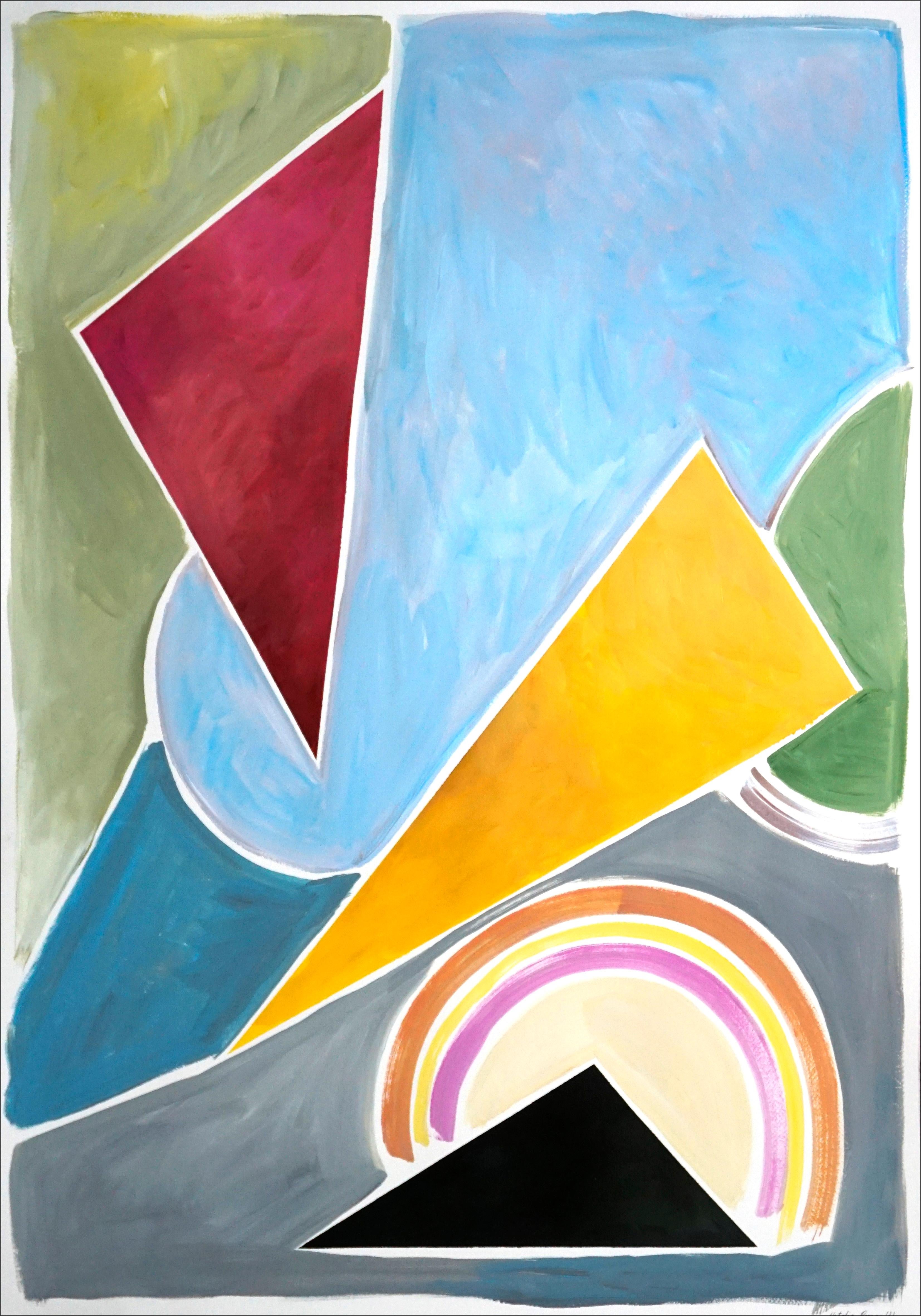 Natalia Roman Abstract Painting - Constructivist Triangles in Primary Tones, Abstract Geometric Shapes Red, Yellow