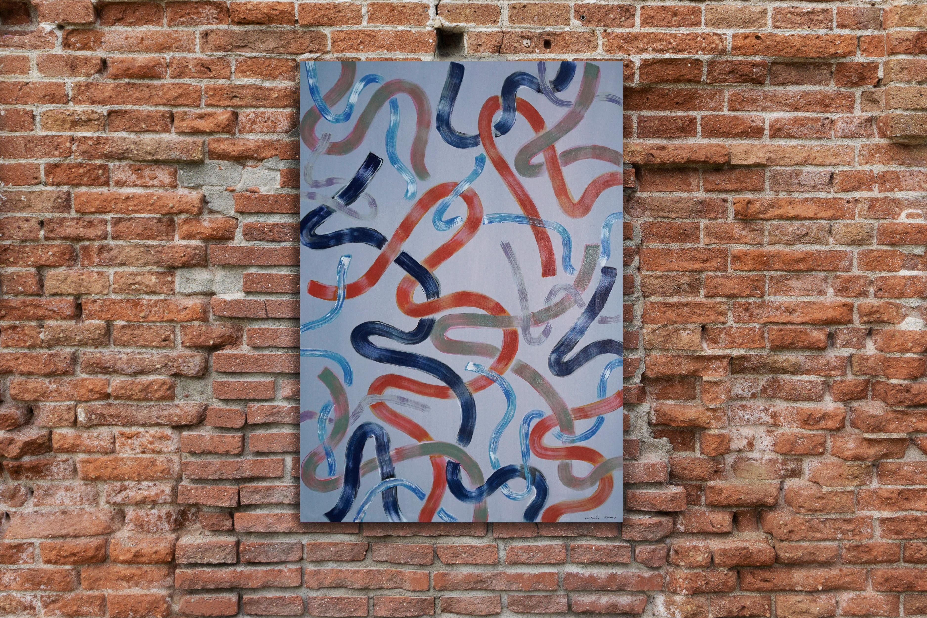 Toni freddi e calmi su grigio ardesia, pittura a pennello su tela, forme organiche in vendita 1