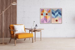 Cool Magenta Mountain Dusk, Abstract Geometric Landscape Duo, Pink Fractal Grid