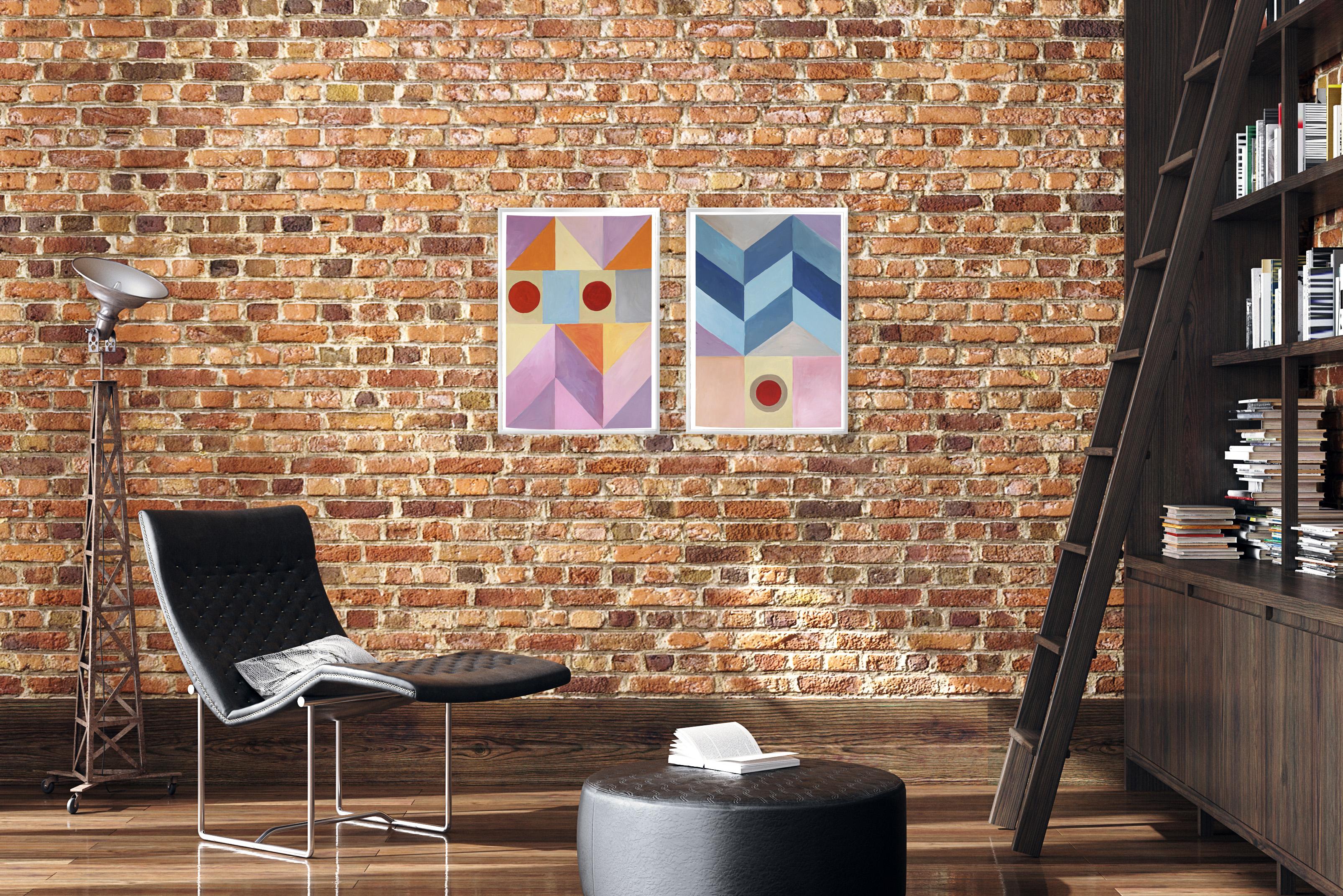 Cool Magenta Mountain Dusk, Abstract Geometric Landscape Duo, Pink Fractal Grid For Sale 1