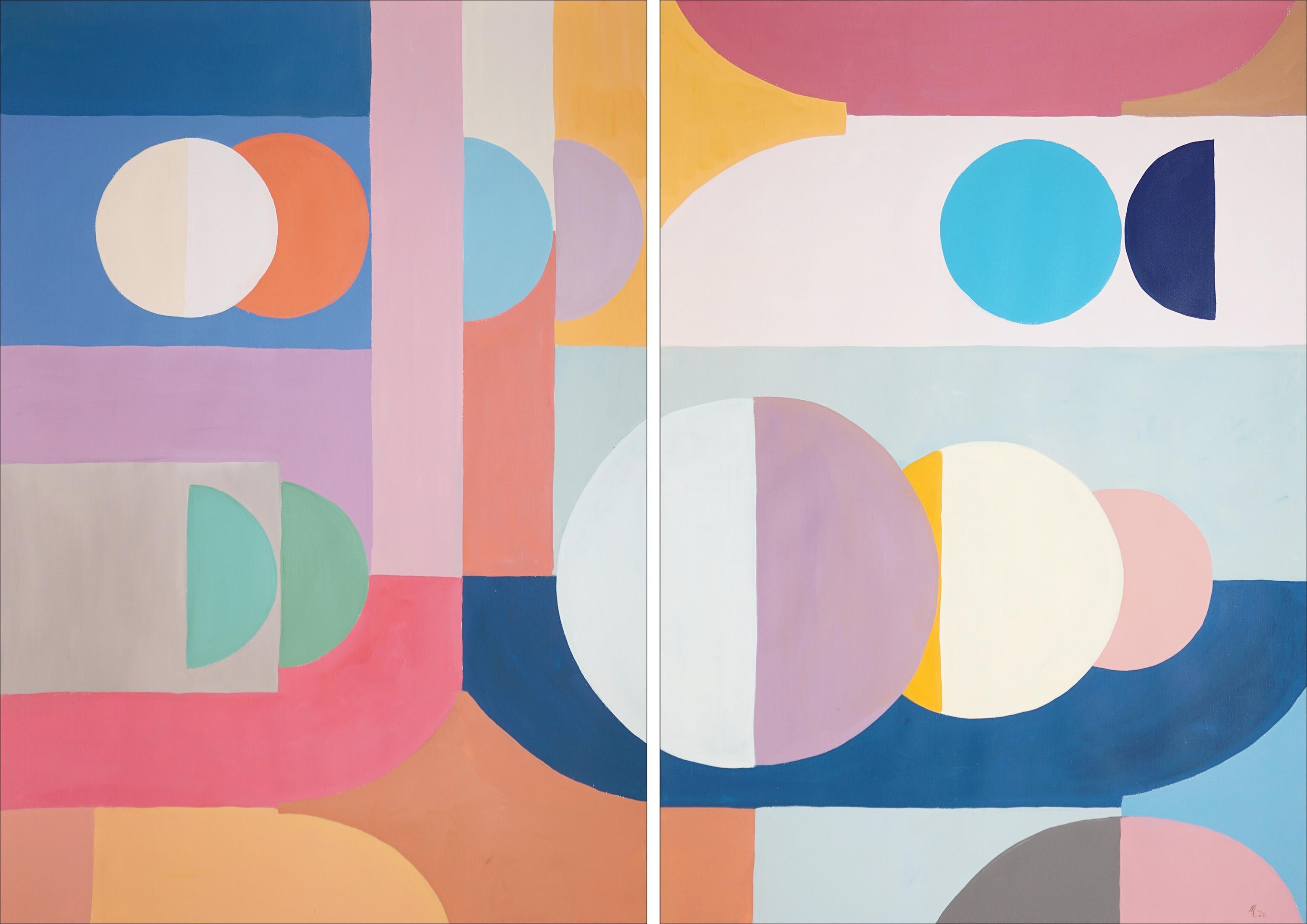 Natalia Roman Landscape Painting - Copernicus Sketches, Geometric Astral Shapes in Vivid Tones, Bauhaus Diptych