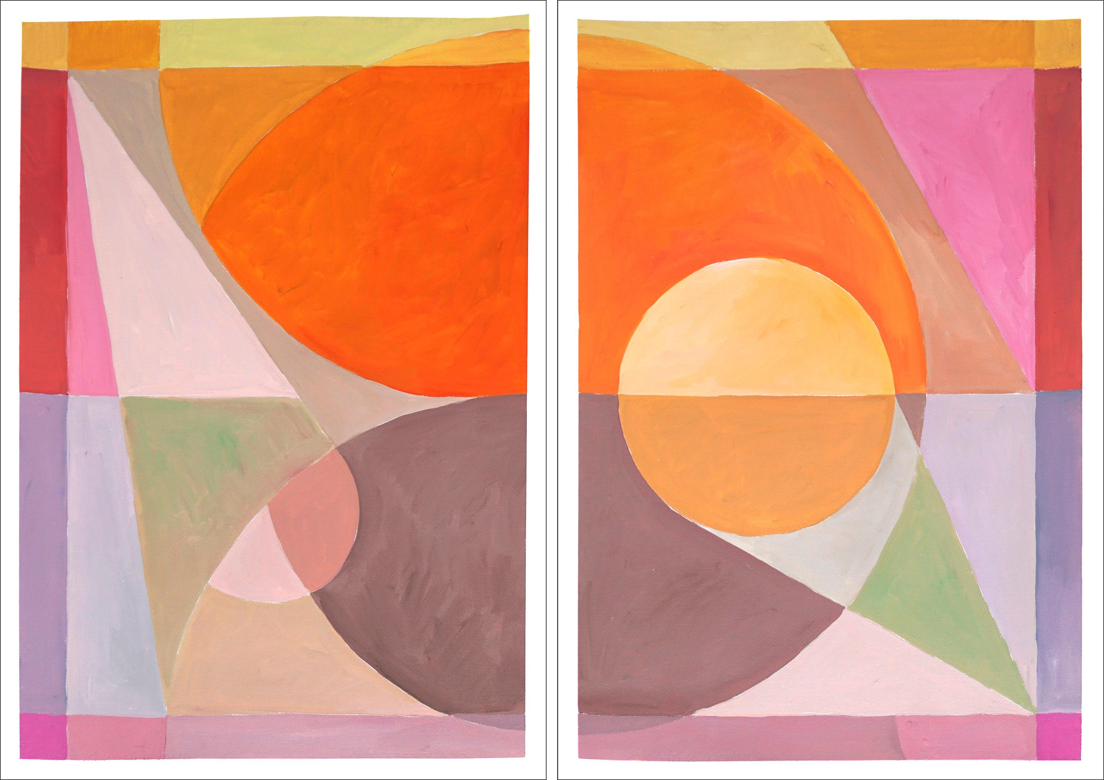 Natalia Roman Landscape Painting - Copernicus Sunrise Study, Warm Orange Tones Diptych, Astronomy Technical Drawing