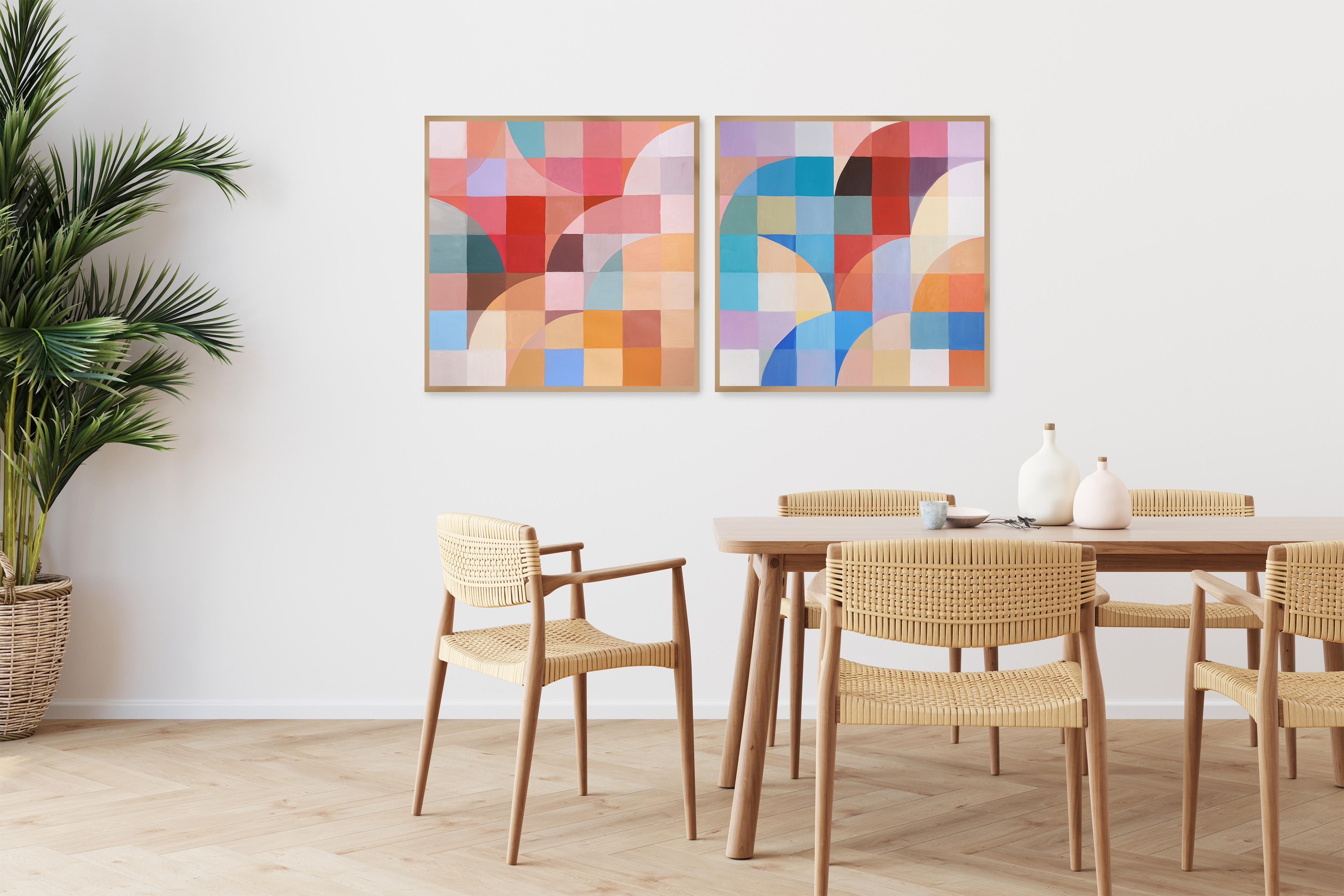 Korallen Edelsteine, Bauhaus Bogen- und Kurven, Quadratische Pixel, Geometrisches Rot, Blaues Diptychon – Painting von Natalia Roman