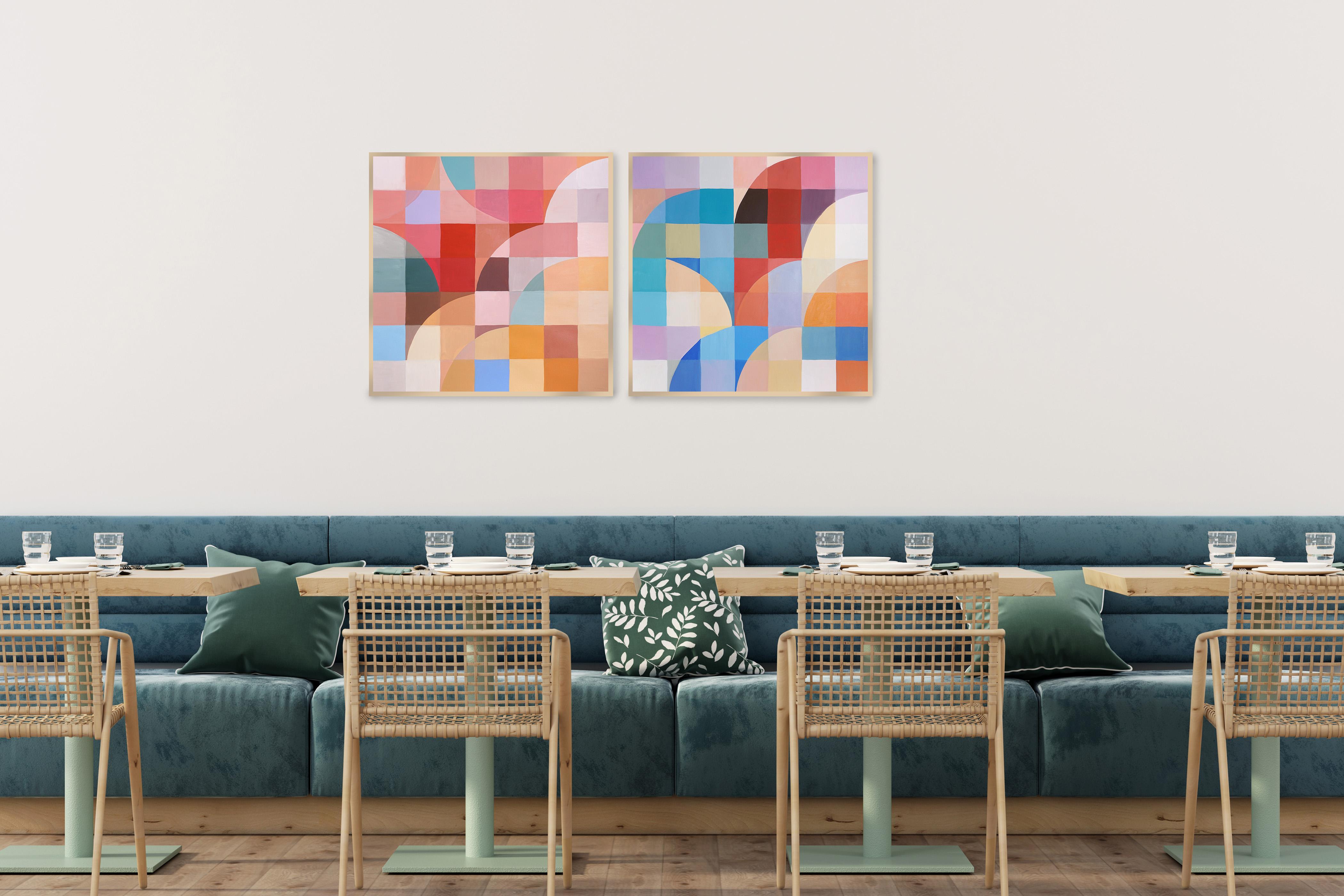 Korallen Edelsteine, Bauhaus Bogen- und Kurven, Quadratische Pixel, Geometrisches Rot, Blaues Diptychon (Geometrische Abstraktion), Painting, von Natalia Roman