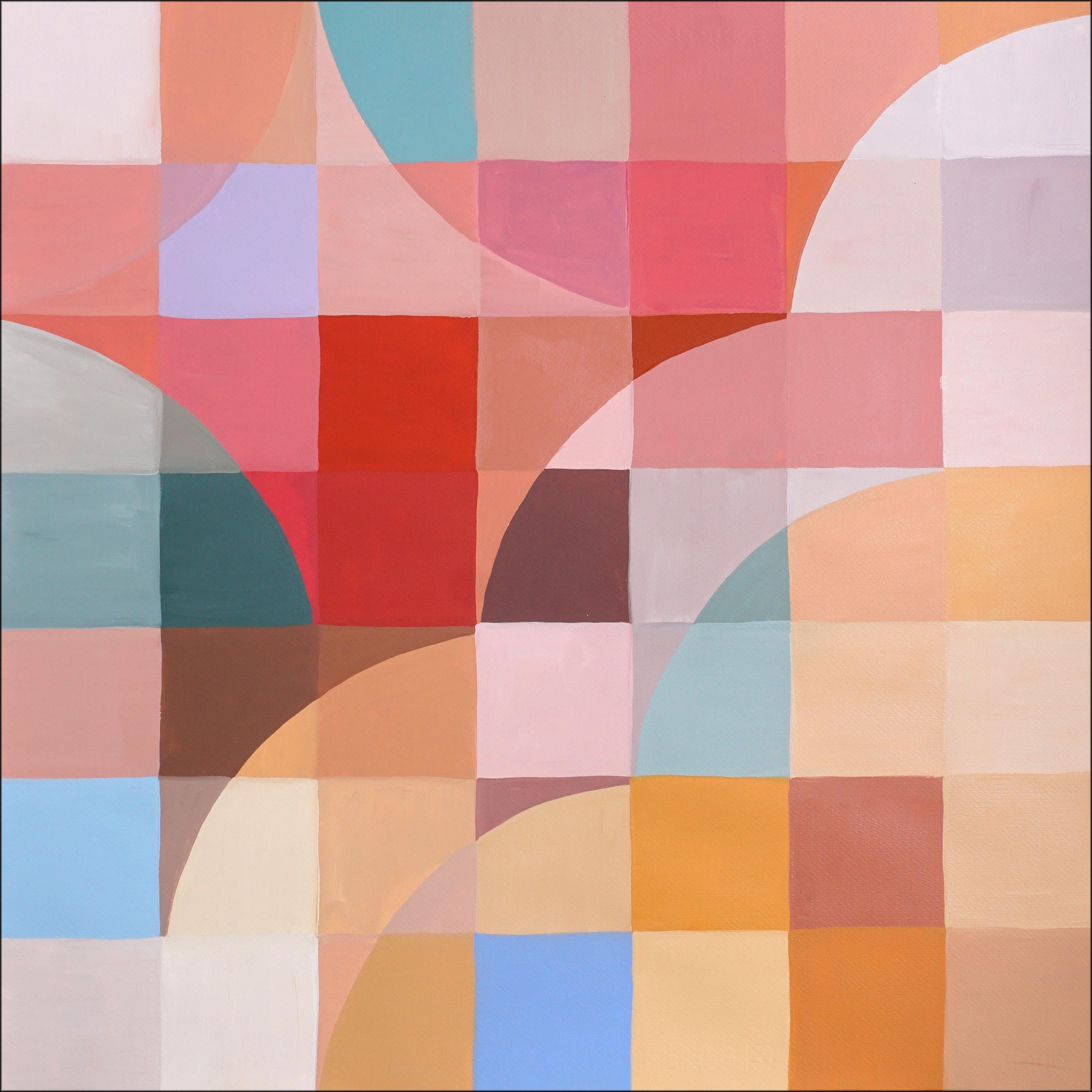 Korallen Edelsteine, Bauhaus Bogen- und Kurven, Quadratische Pixel, Geometrisches Rot, Blaues Diptychon (Beige), Interior Painting, von Natalia Roman