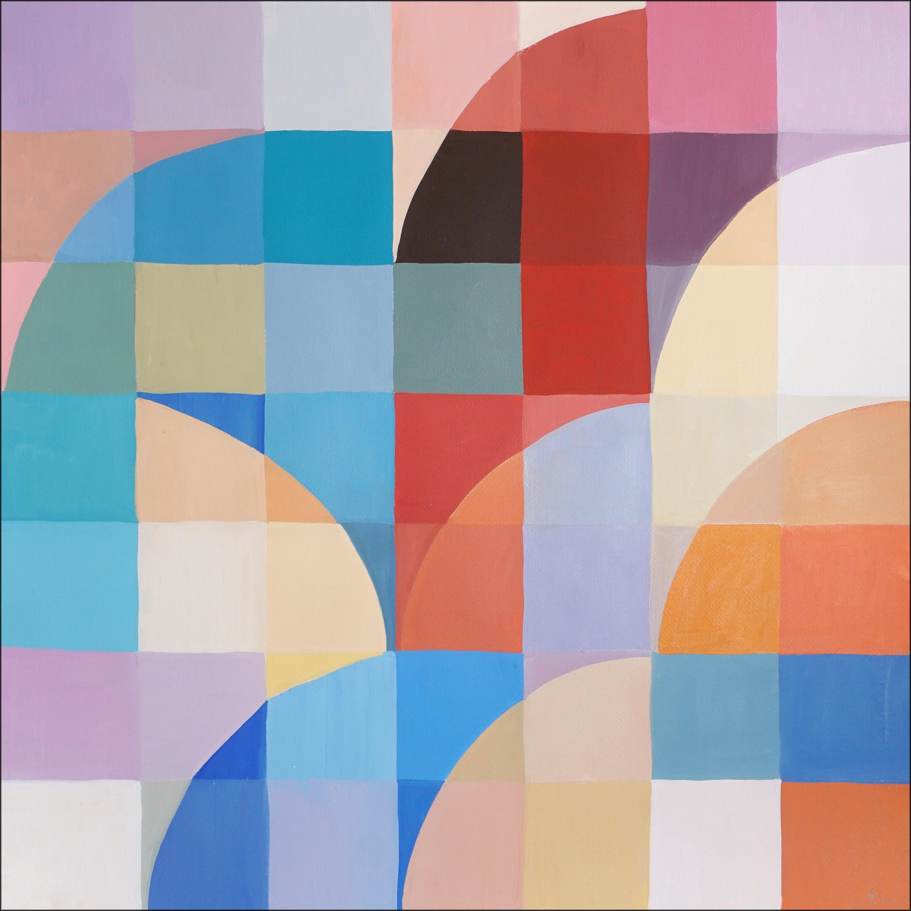 Dieses lebendige Gemälde mit Bauhaus-Reminiszenzen zelebriert die kräftigen Farben, geometrischen Formen und architektonische Eleganz der Bauhaus-Bewegung. Dieses fesselnde Kunstwerk kombiniert dynamische Kompositionen mit einer zeitgenössischen