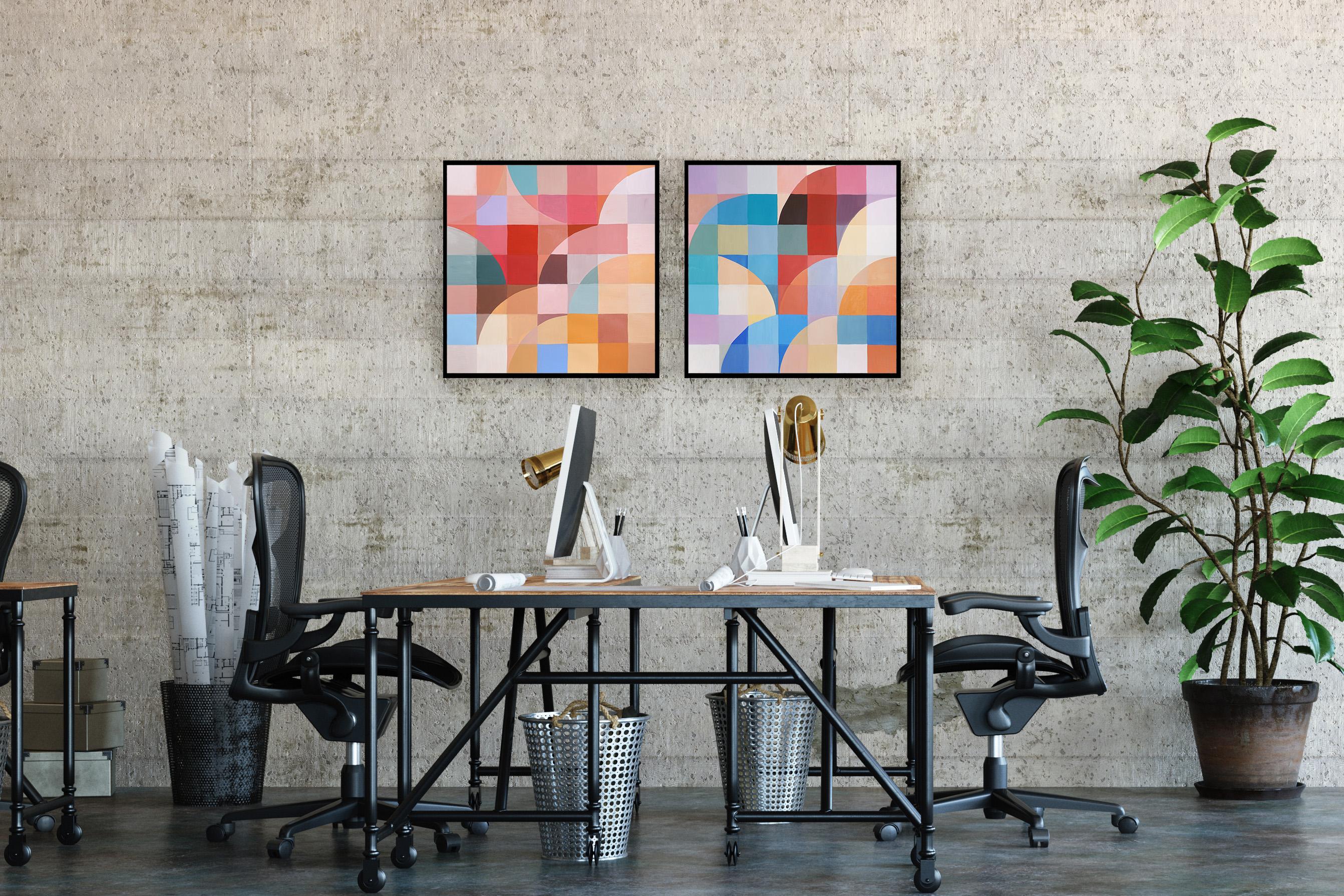 Korallen Edelsteine, Bauhaus Bogen- und Kurven, Quadratische Pixel, Geometrisches Rot, Blaues Diptychon im Angebot 1