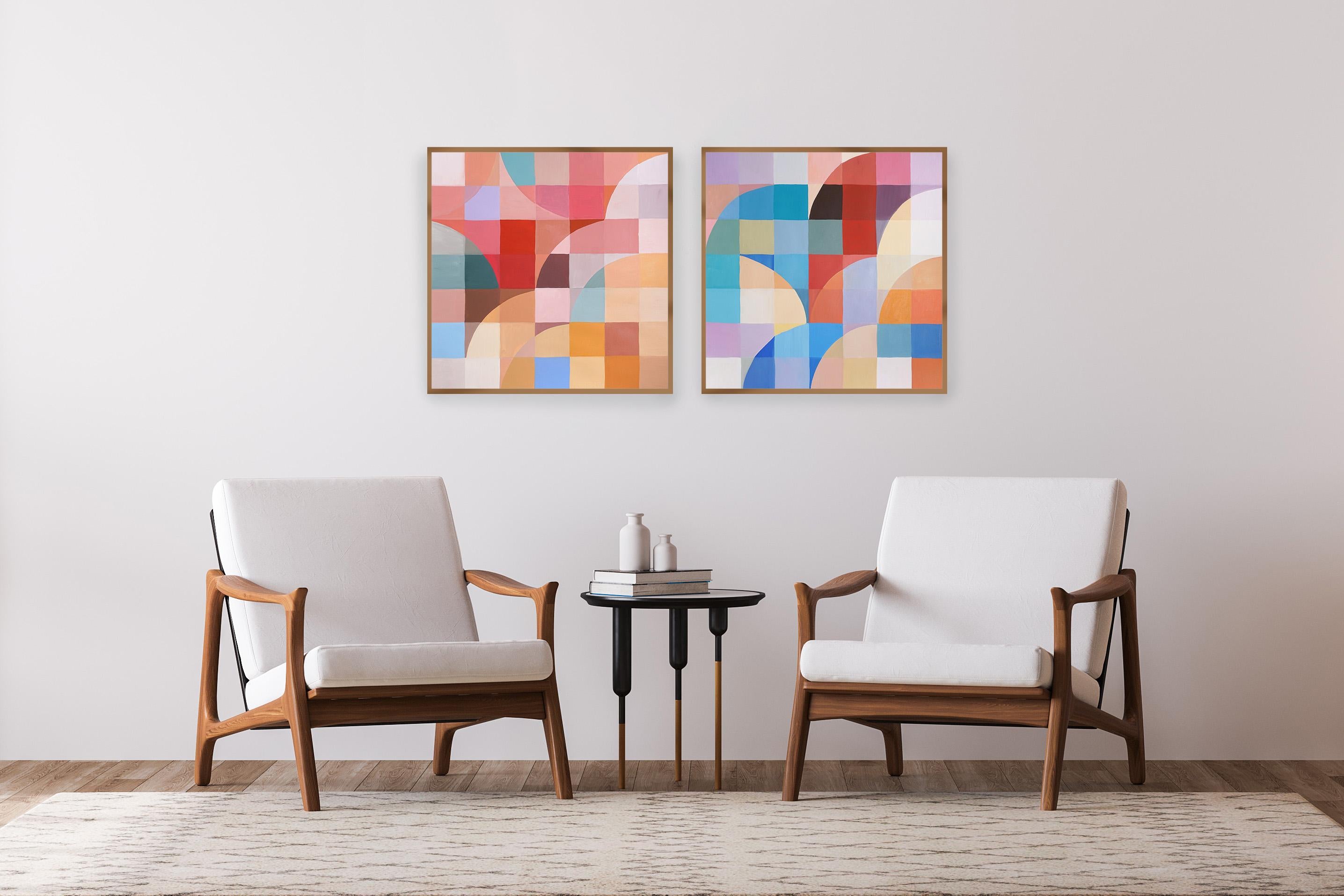 Korallen Edelsteine, Bauhaus Bogen- und Kurven, Quadratische Pixel, Geometrisches Rot, Blaues Diptychon im Angebot 2