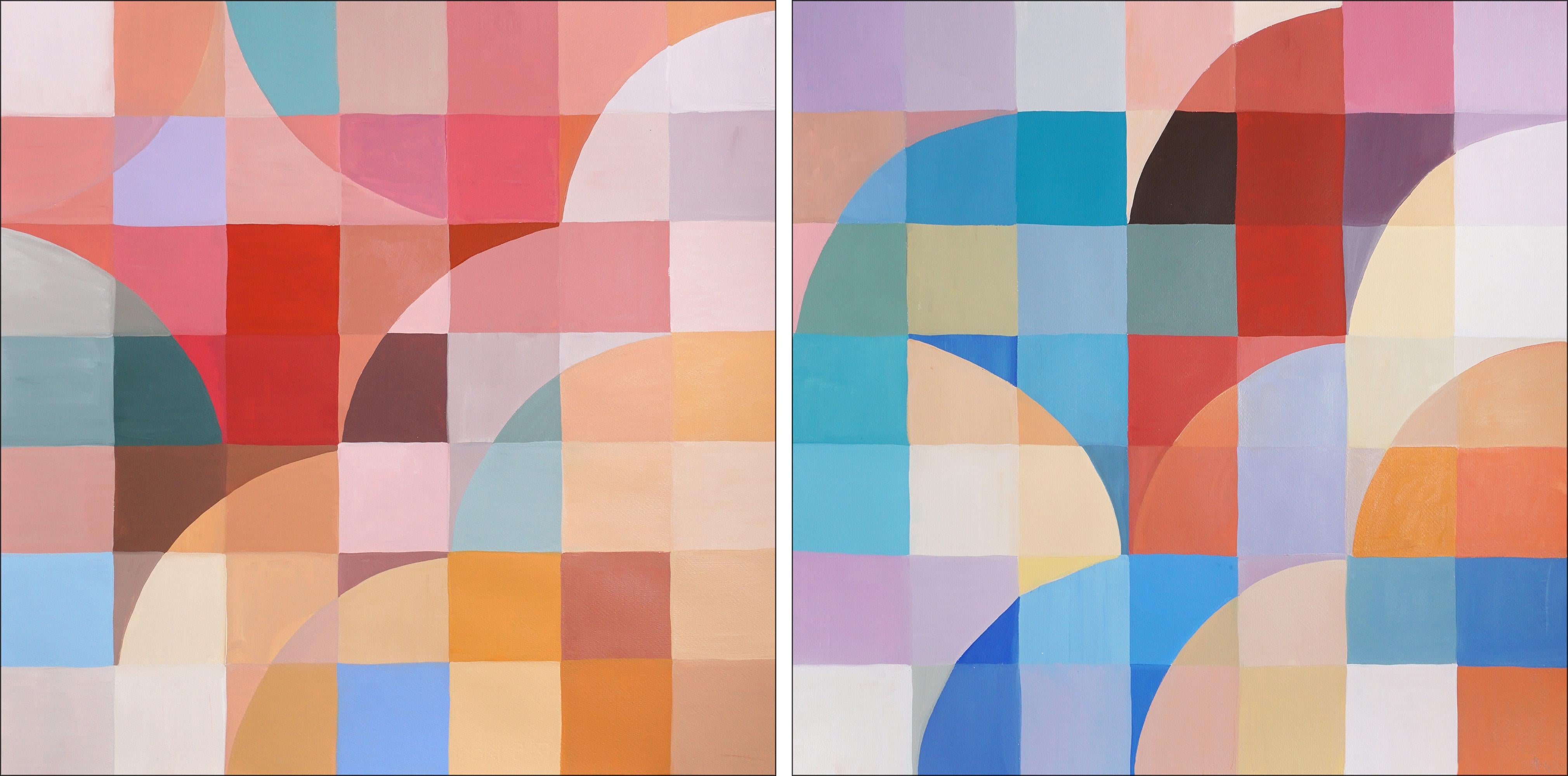 Gemme di corallo, Archi e curve Bauhaus, Pixel squadrati, Rosso geometrico, Dittico blu