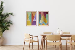 Cubist Portrait of a Couple, Abstract Geometric Faces, Yellow Warm Tones Diptych