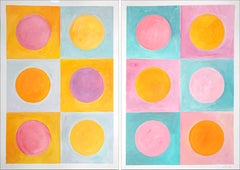 Cubist Tulips, Primary Geometry Tiles Diptych, Pastel Pink, Turquoise and Yellow
