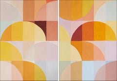 Dawn to Dusk, Bauhaus Abstract Geometric Diptych, Yellow & Orange Hue, Baby Blue