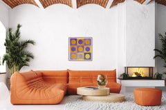 Day For Night II, Abstract Geometric Squared Painting, Yellow and Purple Circles