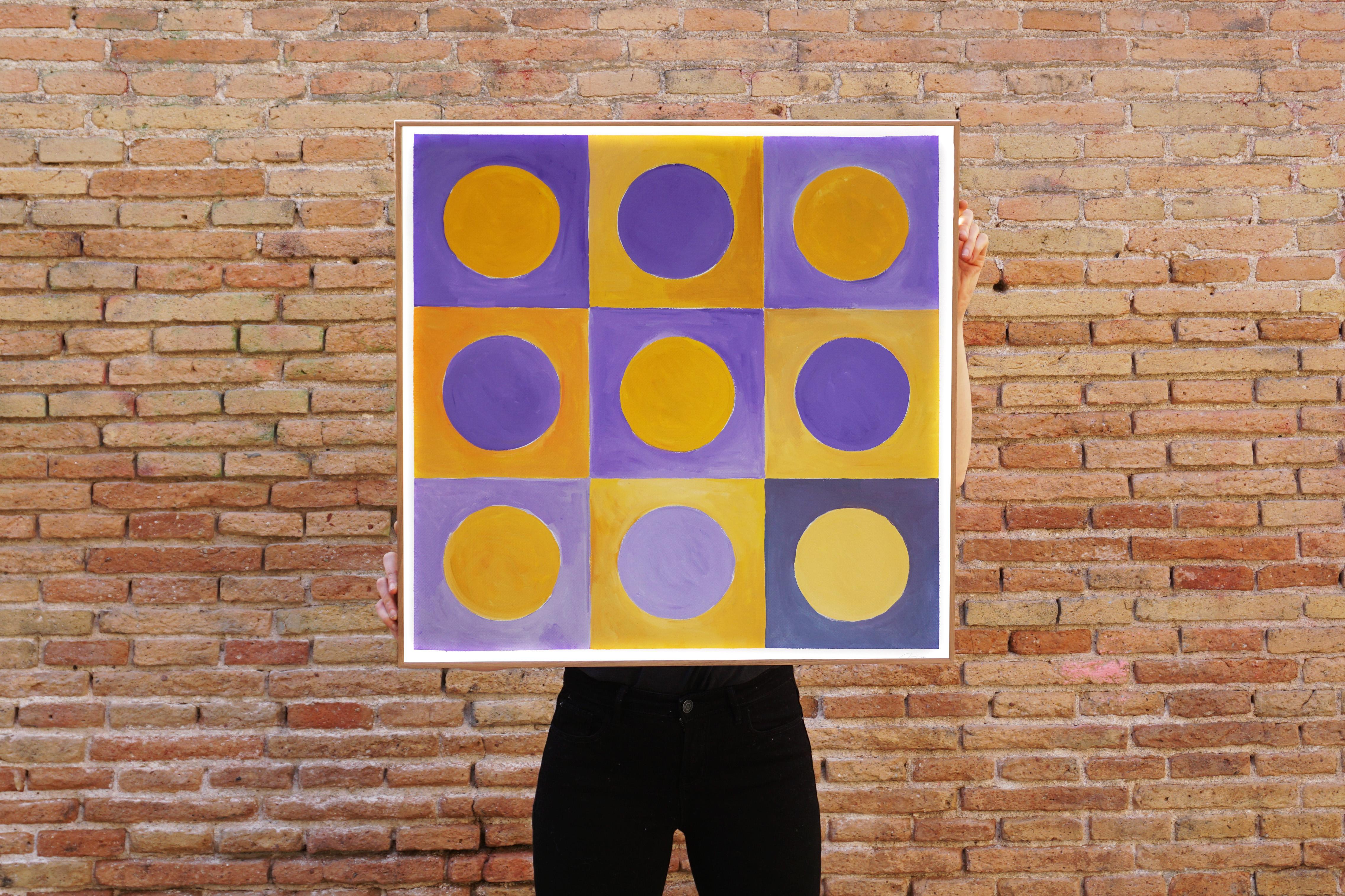 Day For Night II, Abstract Geometric Squared Painting, Yellow and Purple Circles For Sale 1