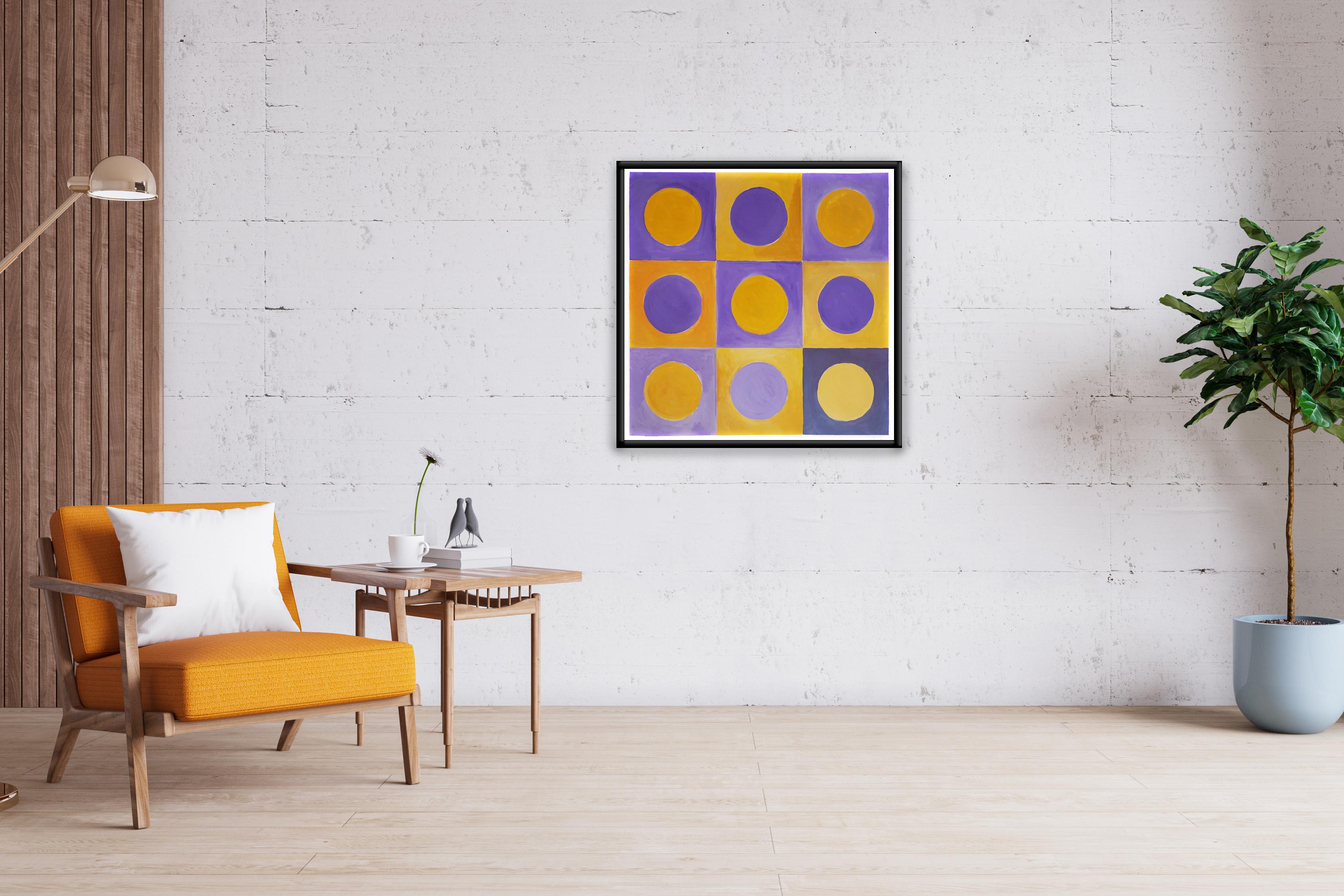 Day For Night II, Abstract Geometric Squared Painting, Yellow and Purple Circles For Sale 3