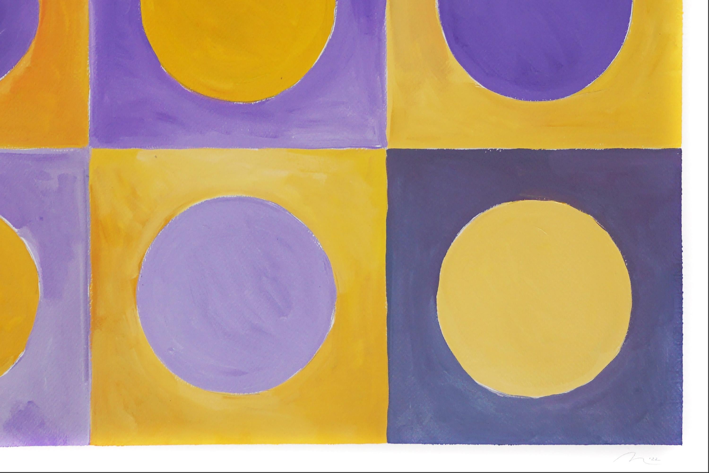 Day For Night II, Abstract Geometric Squared Painting, Yellow and Purple Circles For Sale 4