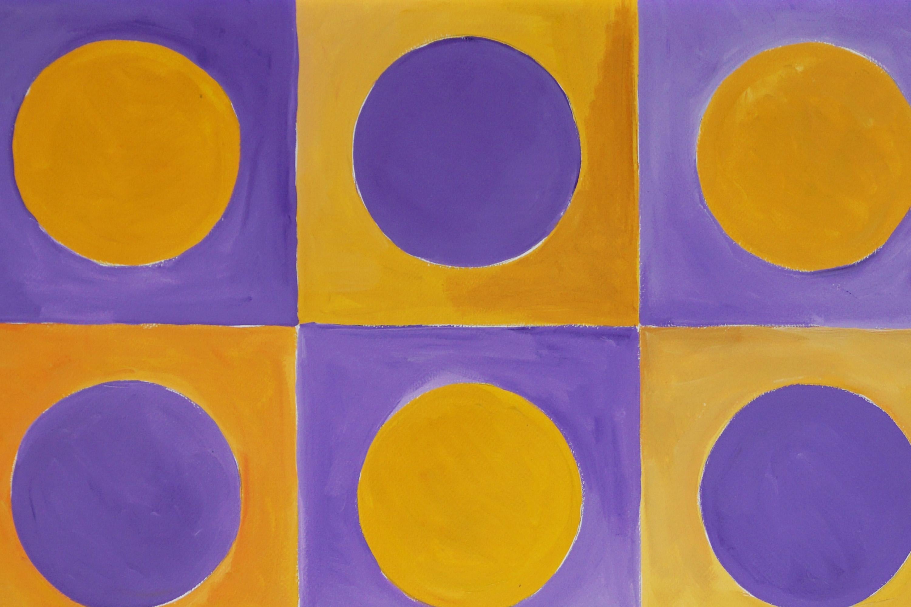 Day For Night II, Abstract Geometric Squared Painting, Yellow and Purple Circles For Sale 5