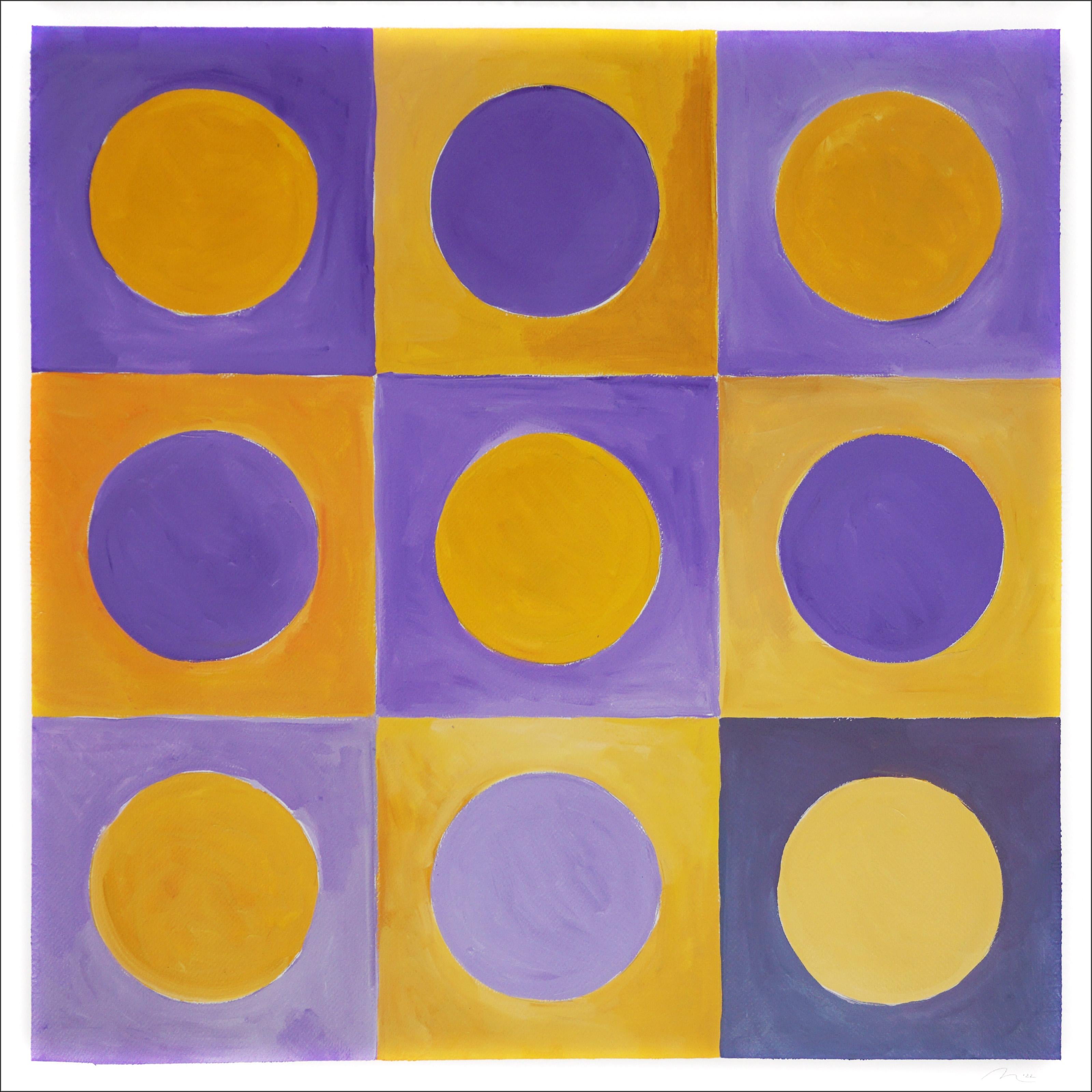 Tag für Nacht II, Abstraktes, geometrisches, quadratisches Gemälde, gelbe und lila Kreise