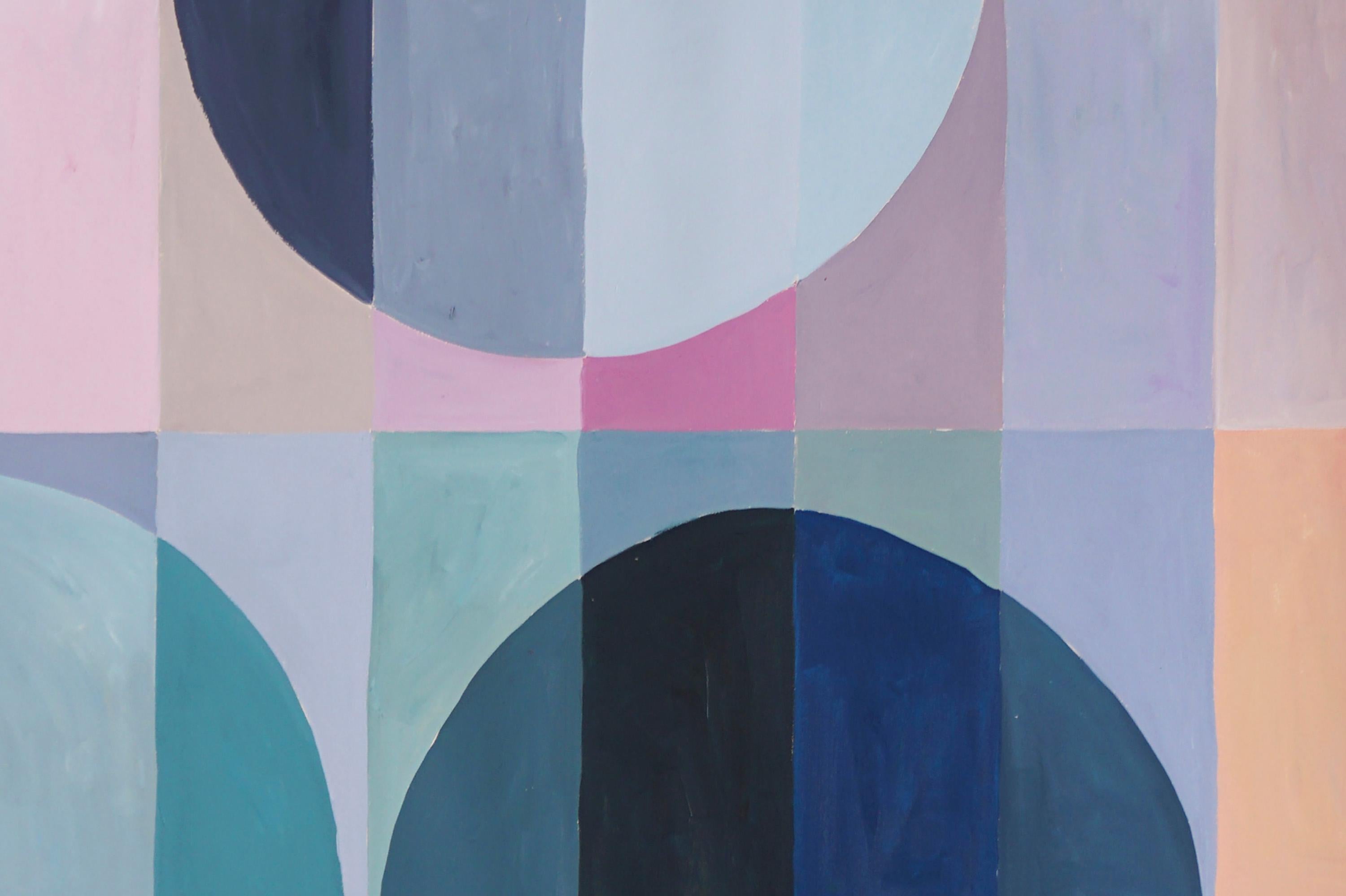 Cette peinture acrylique géométrique abstraite est une composition vibrante et ludique qui s'inspire des parasols italiens vintage. En mettant l'accent sur des couleurs vives et audacieuses et des lignes épurées, le tableau présente des formes et