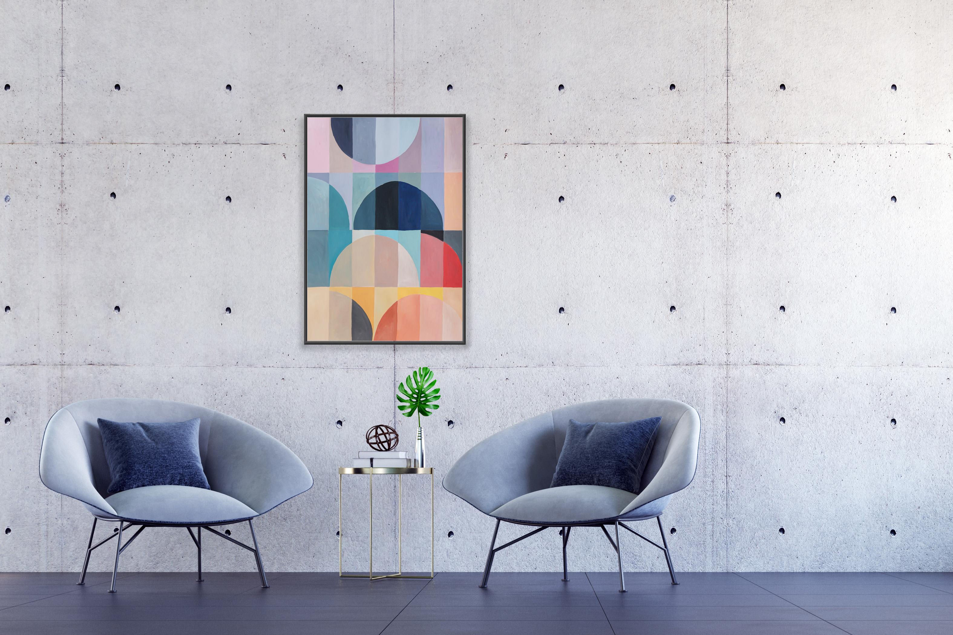 Pierres précieuses déconstruites, transitions géométriques abstraites aux tons primaires, grille verticale 3