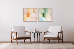 Desert Oasis Mirage, Light Tones Hue, Bauhaus Diptych, Geometric Landscape Grid