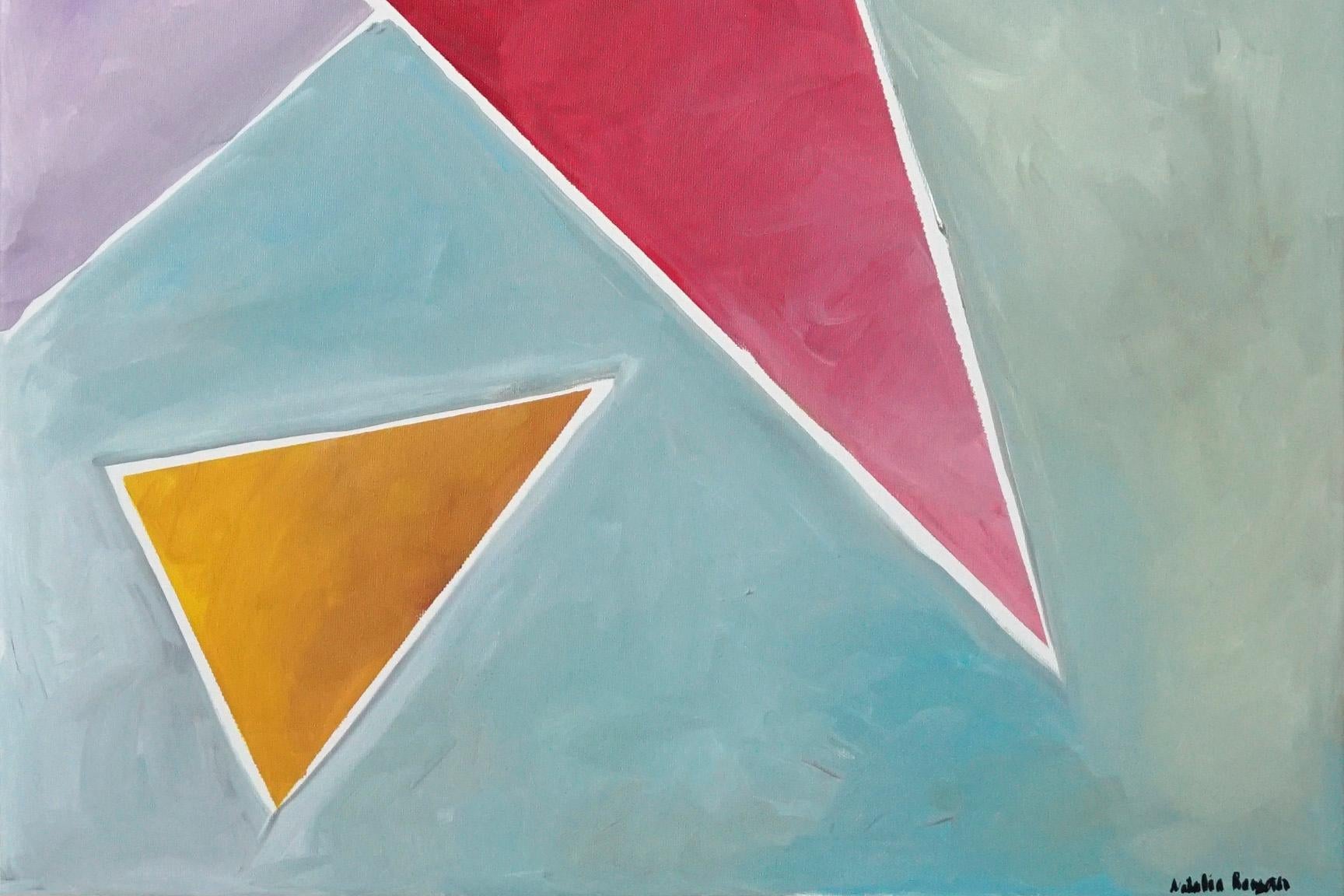 Diagonal Triangle Dream, Abstract Geometric Painting on Linen, Pastel Tones 2021 - Gray Abstract Painting by Natalia Roman