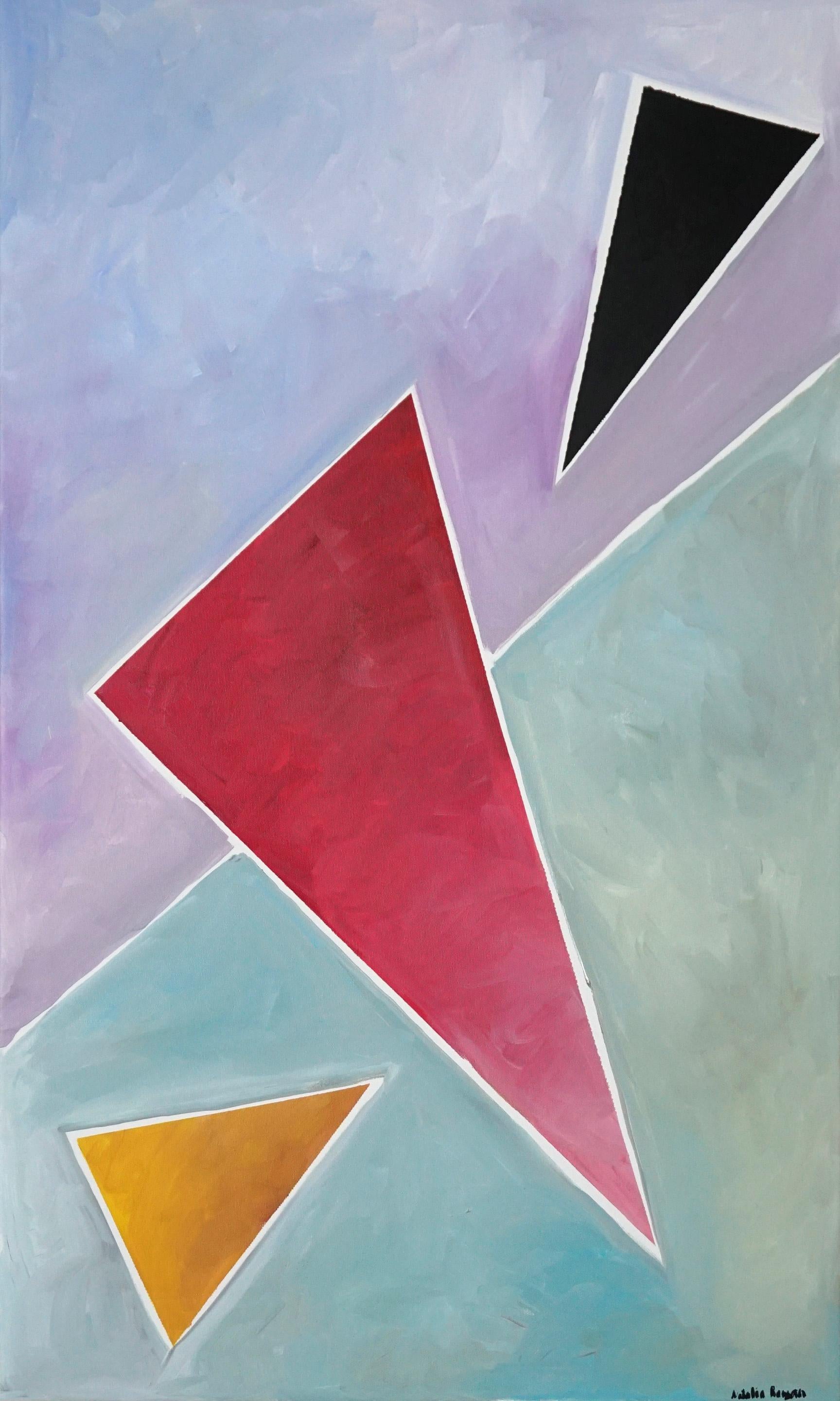 Natalia Roman Abstract Painting - Diagonal Triangle Dream, Abstract Geometric Painting on Linen, Pastel Tones 2021
