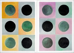 Disco Dice, Tiles Pattern Diptych, Art Deco Pastel Tones in Mauve, Gray & Green 