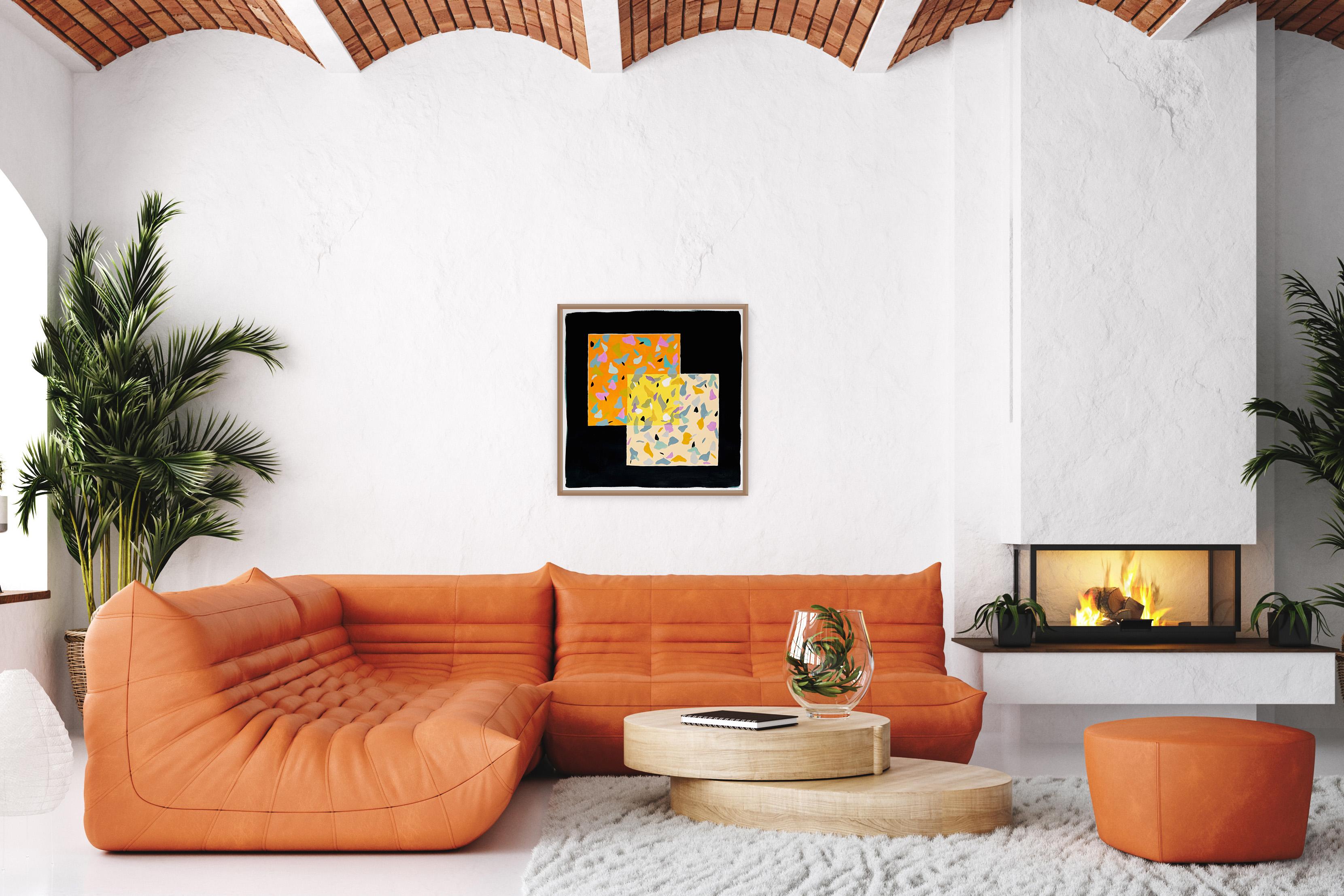 Double Vision Tiles on Black, Orange and Cream Terrazzo Pattern in Vivid Tones - Painting by Natalia Roman