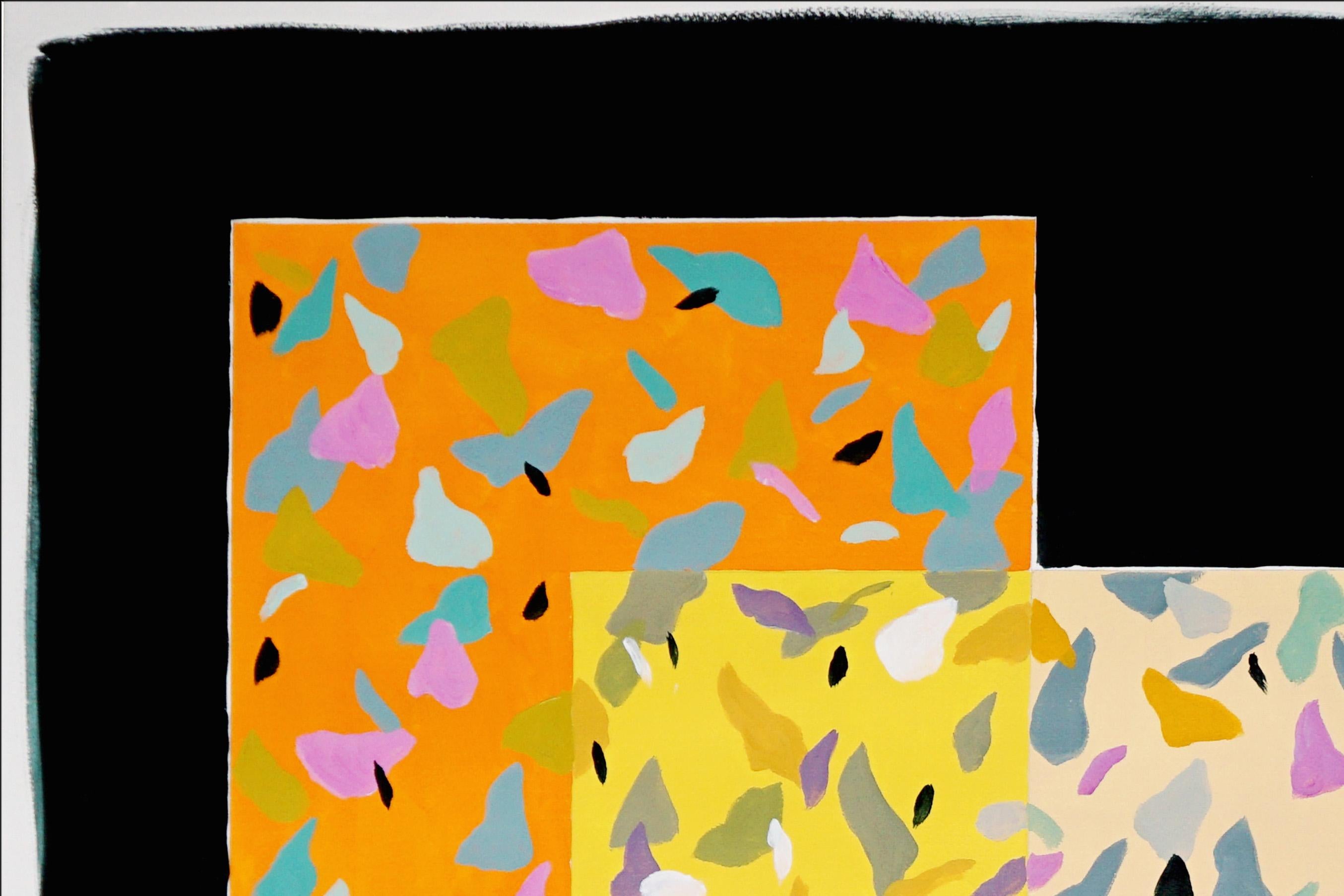 Double Vision Fliesen auf schwarzem, orangefarbenem und cremefarbenem Terrazzo-Muster in Vivid-Tönen (Geometrische Abstraktion), Painting, von Natalia Roman