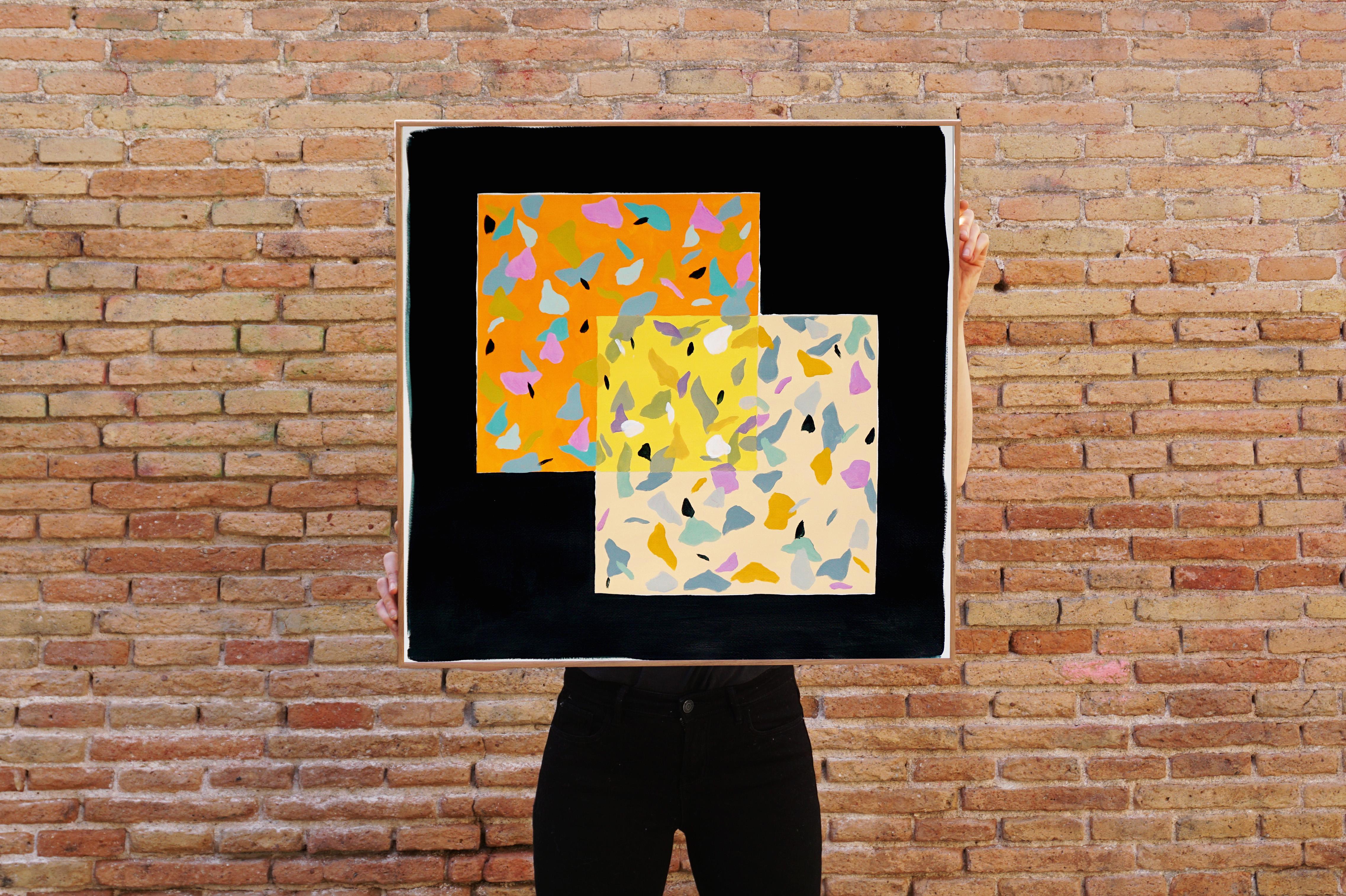 Double Vision Fliesen auf schwarzem, orangefarbenem und cremefarbenem Terrazzo-Muster in Vivid-Tönen (Orange), Landscape Painting, von Natalia Roman