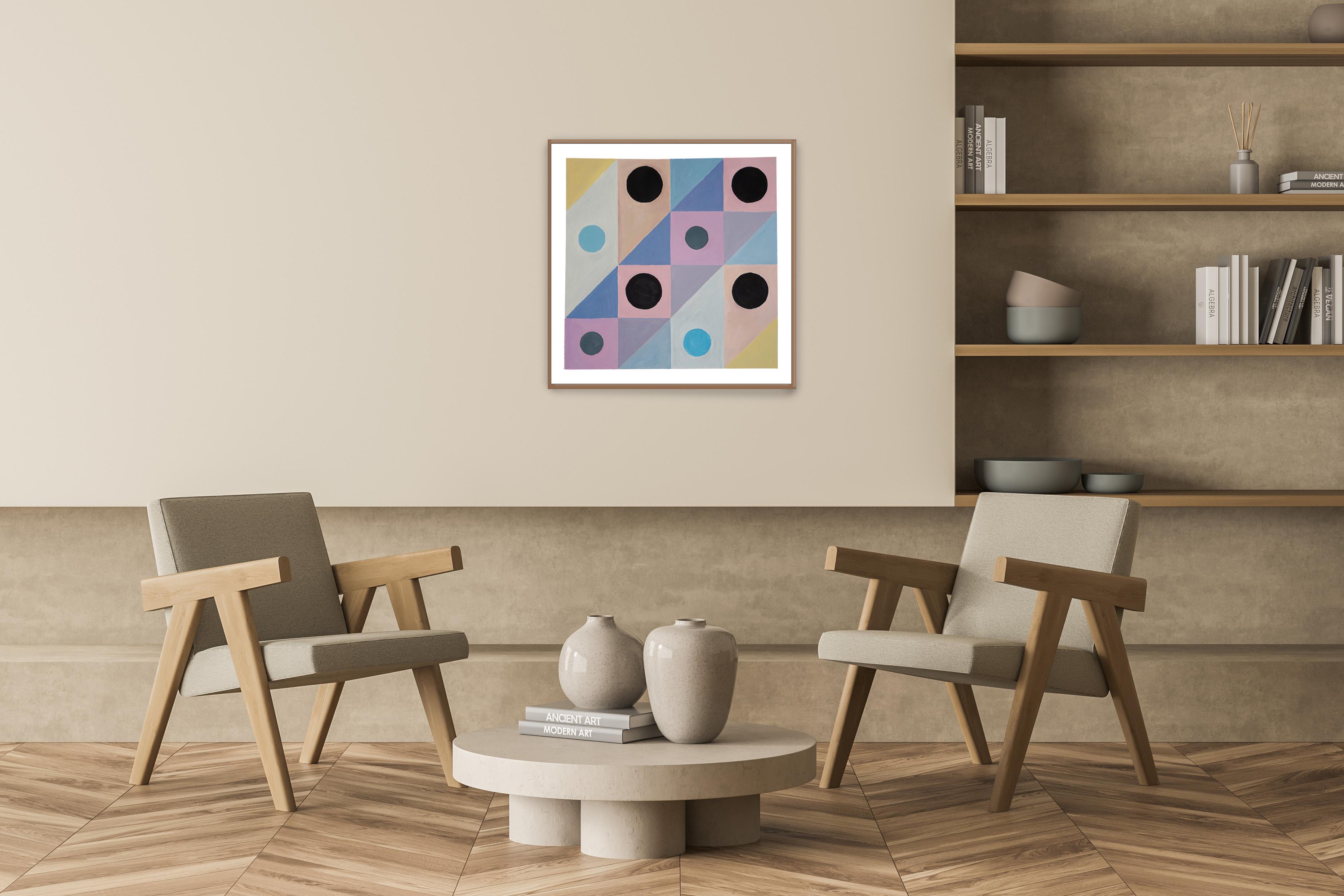 Dream of an Infant, Squared Grid, Pastel Tones, Pink & Blue, Naif Pattern Circle - Abstract Geometric Painting by Natalia Roman