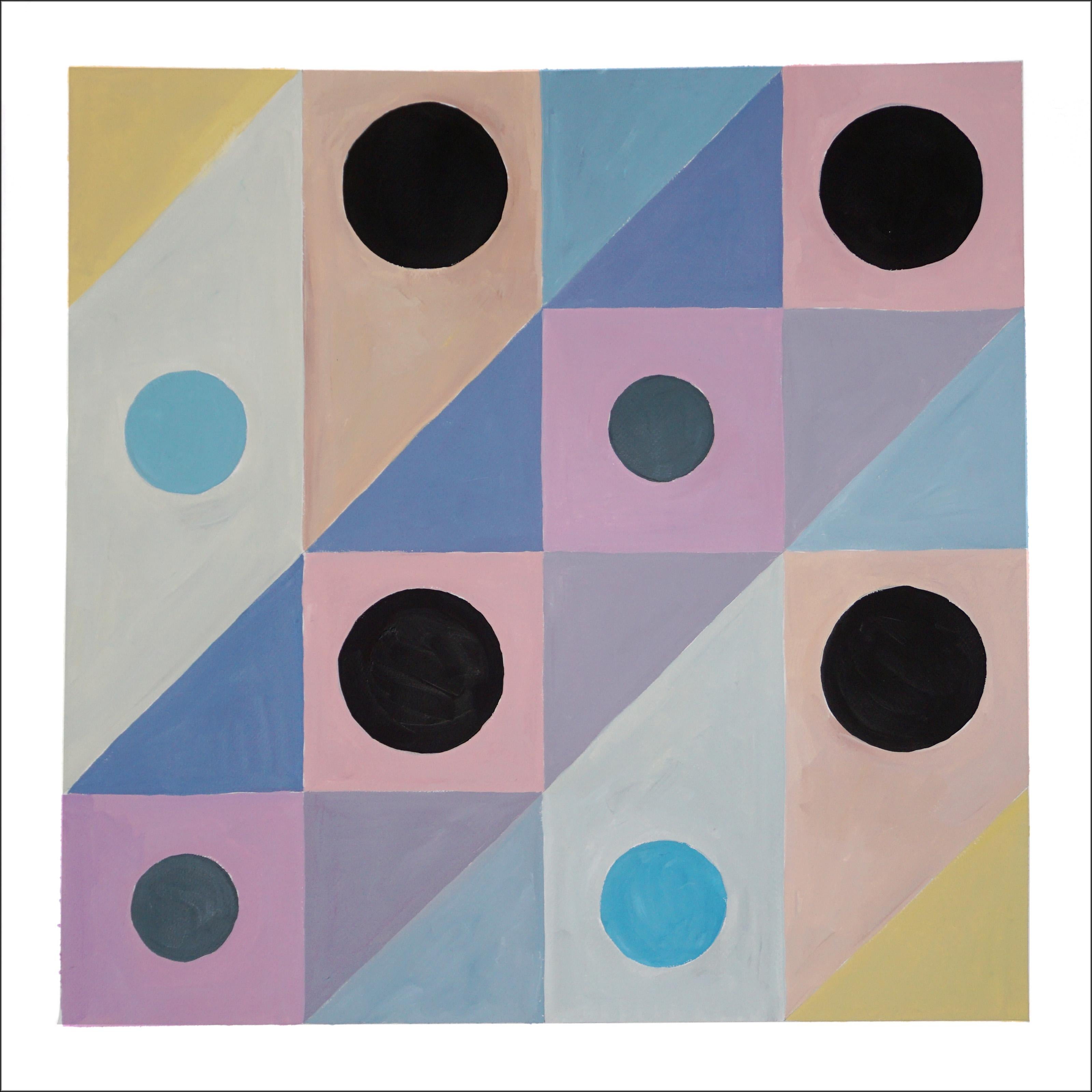 Natalia Roman Abstract Painting - Dream of an Infant, Squared Grid, Pastel Tones, Pink & Blue, Naif Pattern Circle