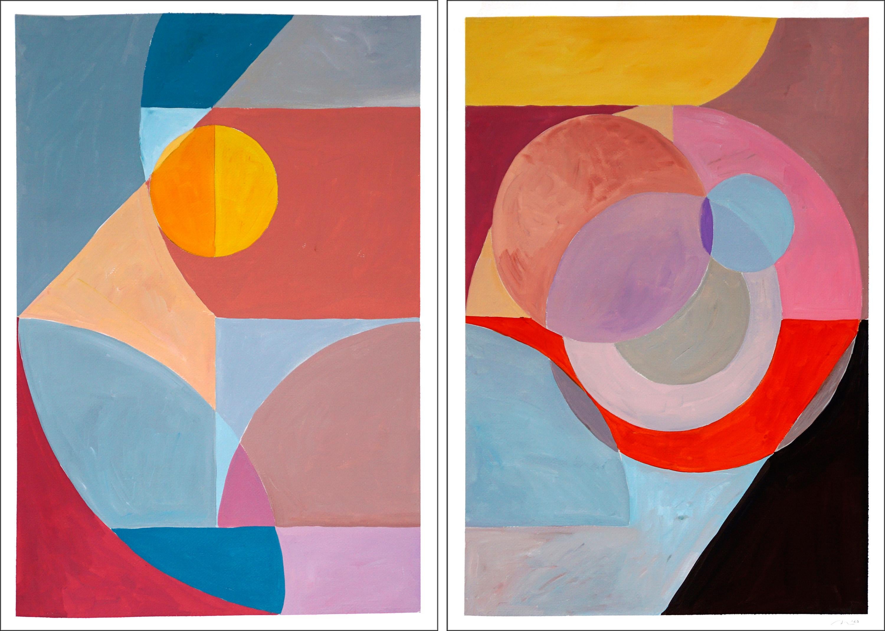 Natalia Roman Landscape Painting - Eclipse Reflection on a Building, Primary Tones Diptych, Fibonacci Maths, Blue