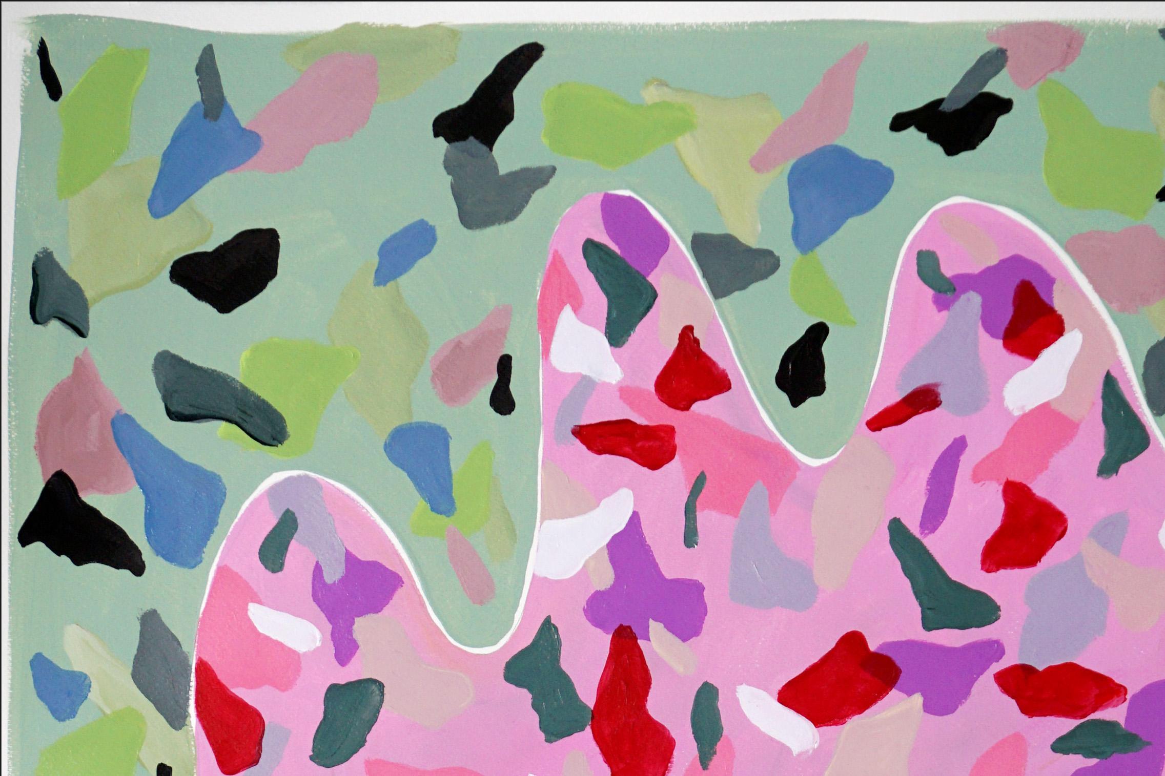 Eighties Burst, Squared Painting, Terrazzo Patterns Style, Pink and Green, 2022  - Gray Abstract Painting by Natalia Roman