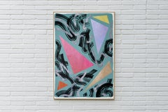 Retro Futuristic Painting of Pink Triangles and Black Swirls, Eighties Style