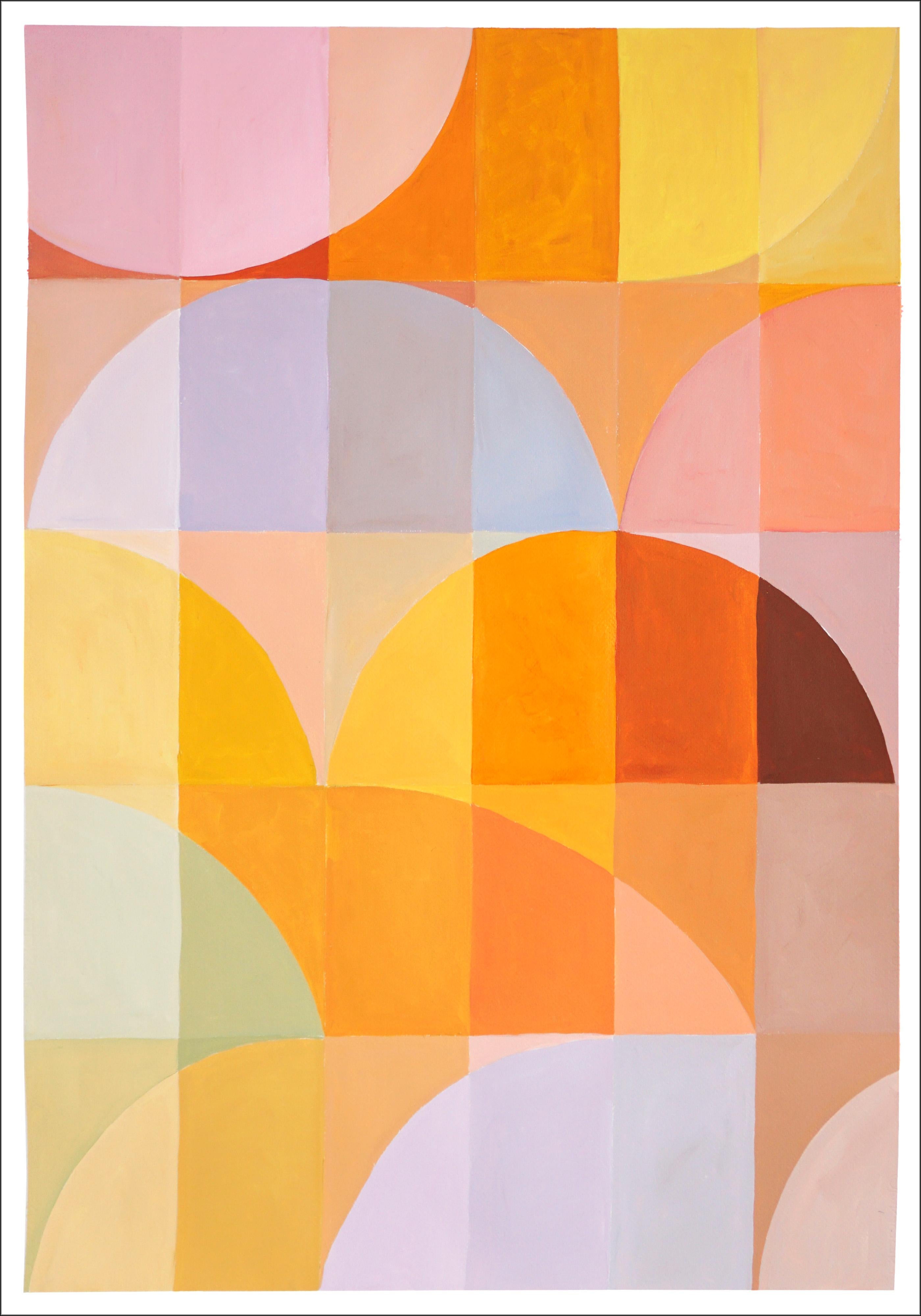 Natalia Roman Landscape Painting - End of Summer Sunset, Warm Tones, Yellow and Orange Vertical Grid, Bauhaus Tile
