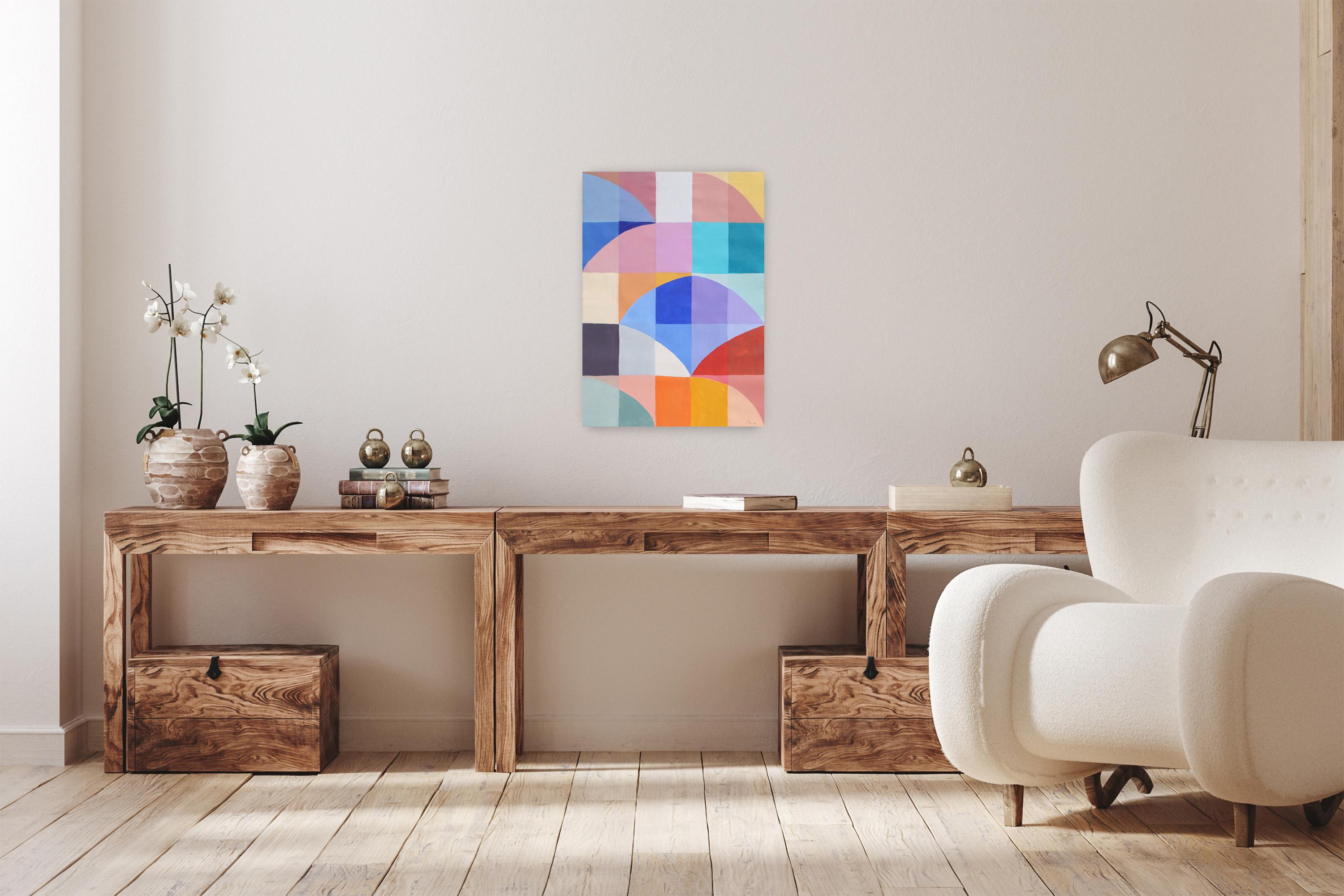 Eternal Dawn, motivi geometrici di Bauhaus in toni vivaci, Pittura su tela - Painting di Natalia Roman