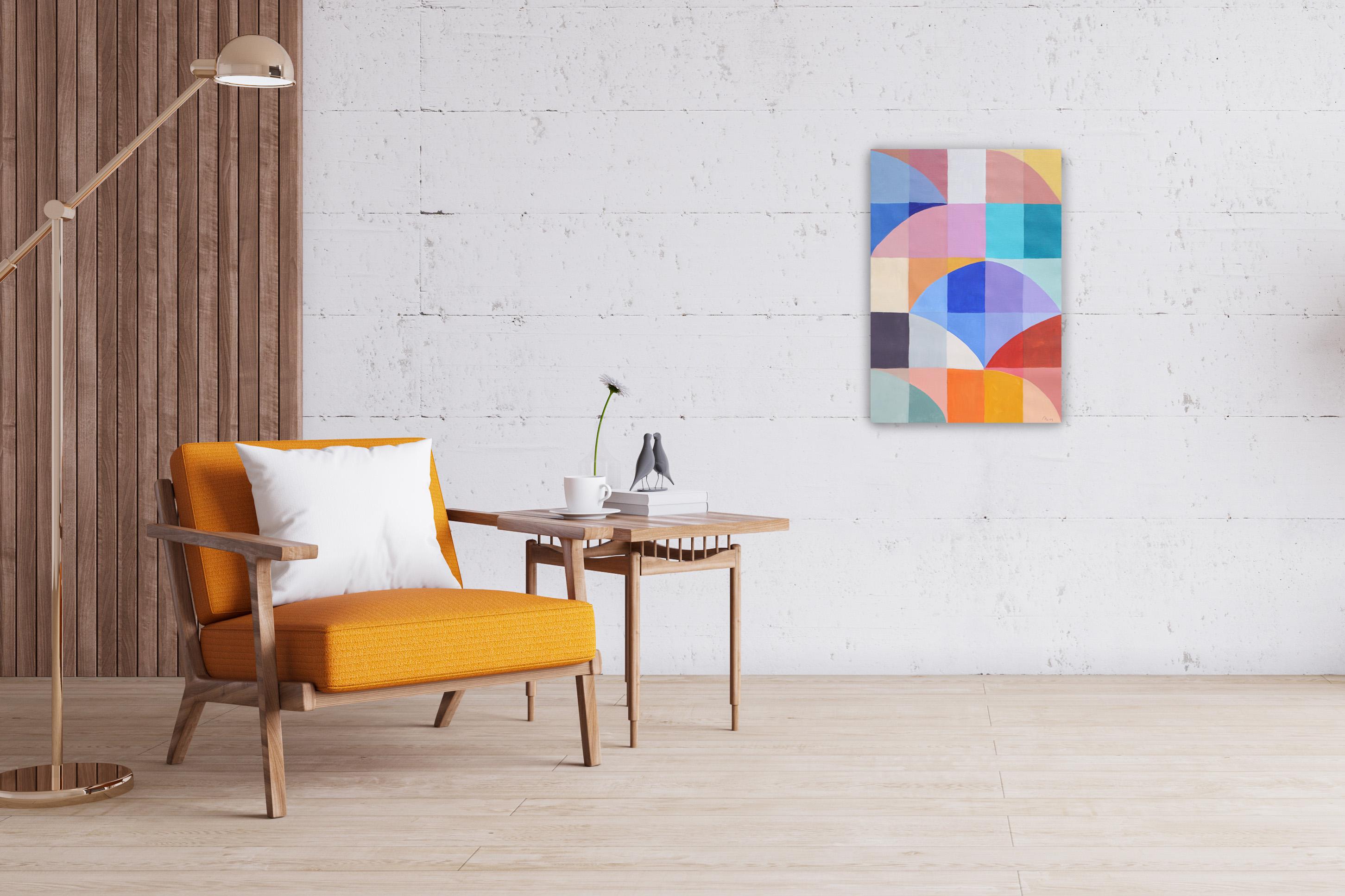 Eternal Dawn, motivi geometrici di Bauhaus in toni vivaci, Pittura su tela - Abstract Painting Grigio di Natalia Roman