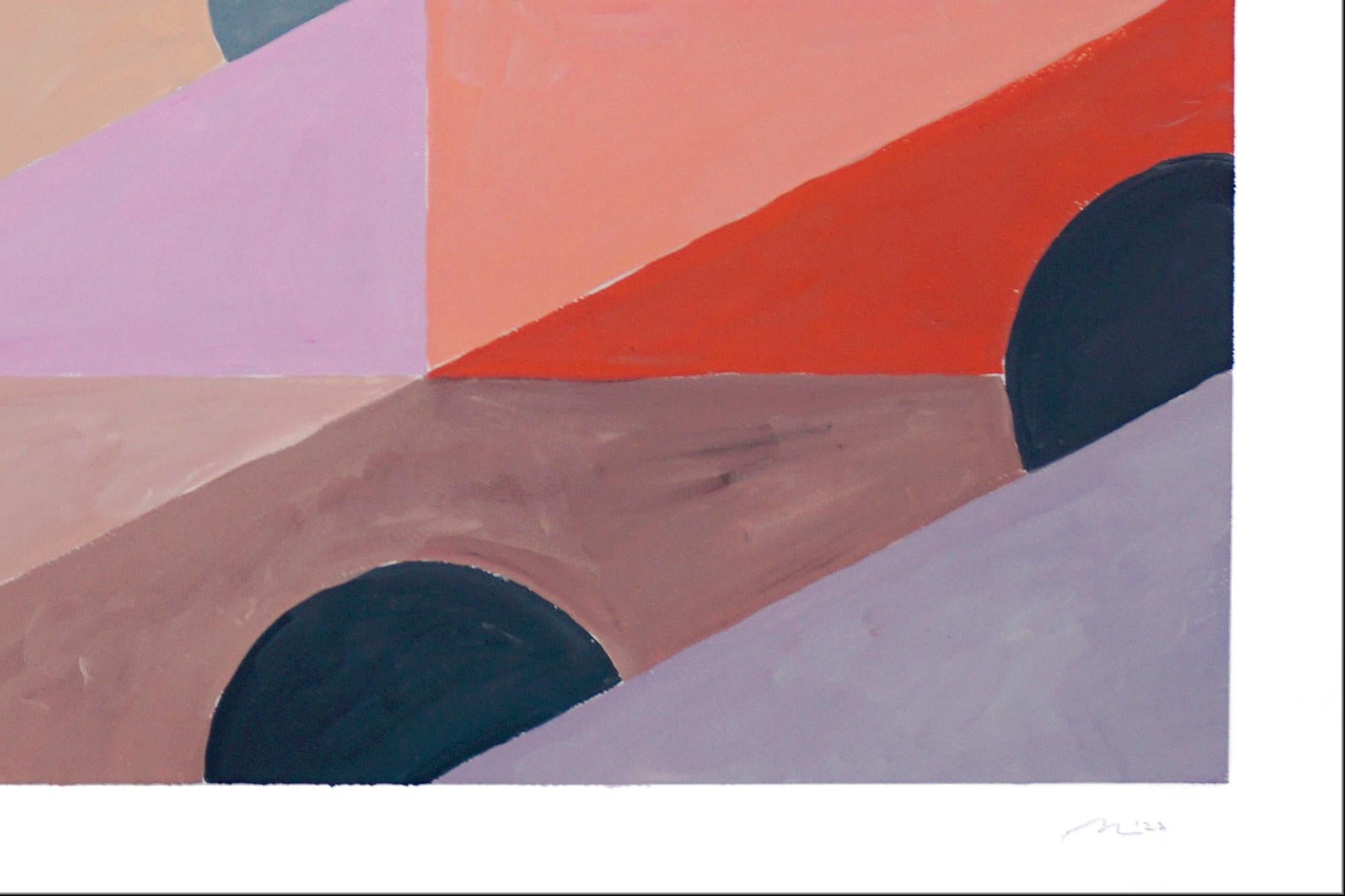 Abend in den Tropen, Miami-Sonnenaufgang-Muster, Geometrisch, Gelb, Grau und Koralle (Braun), Landscape Painting, von Natalia Roman