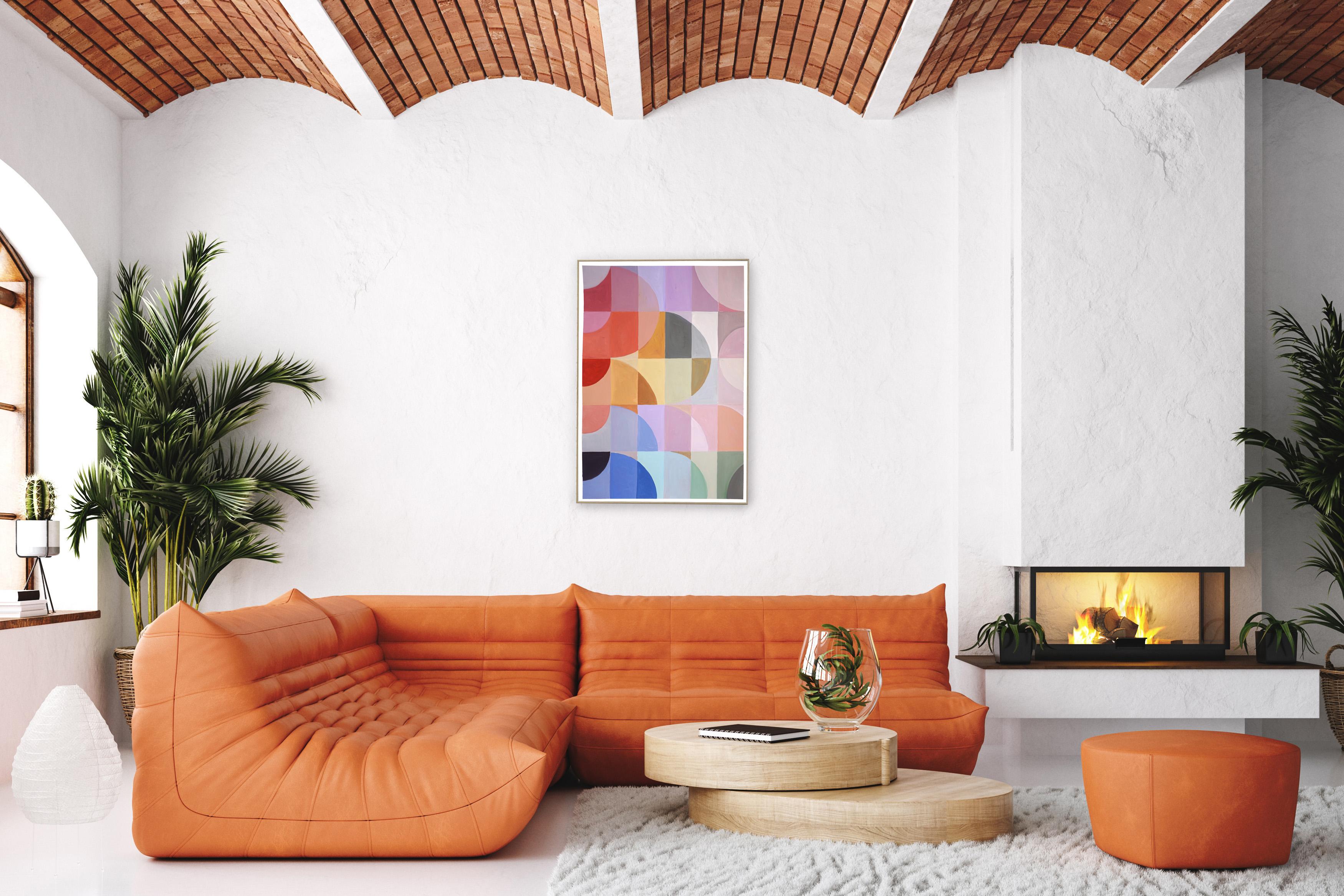 Sera sui Campi di Lavanda,  Motivo Bauhaus, Paesaggio astratto, Rosso, Blu, Rosa - Painting di Natalia Roman